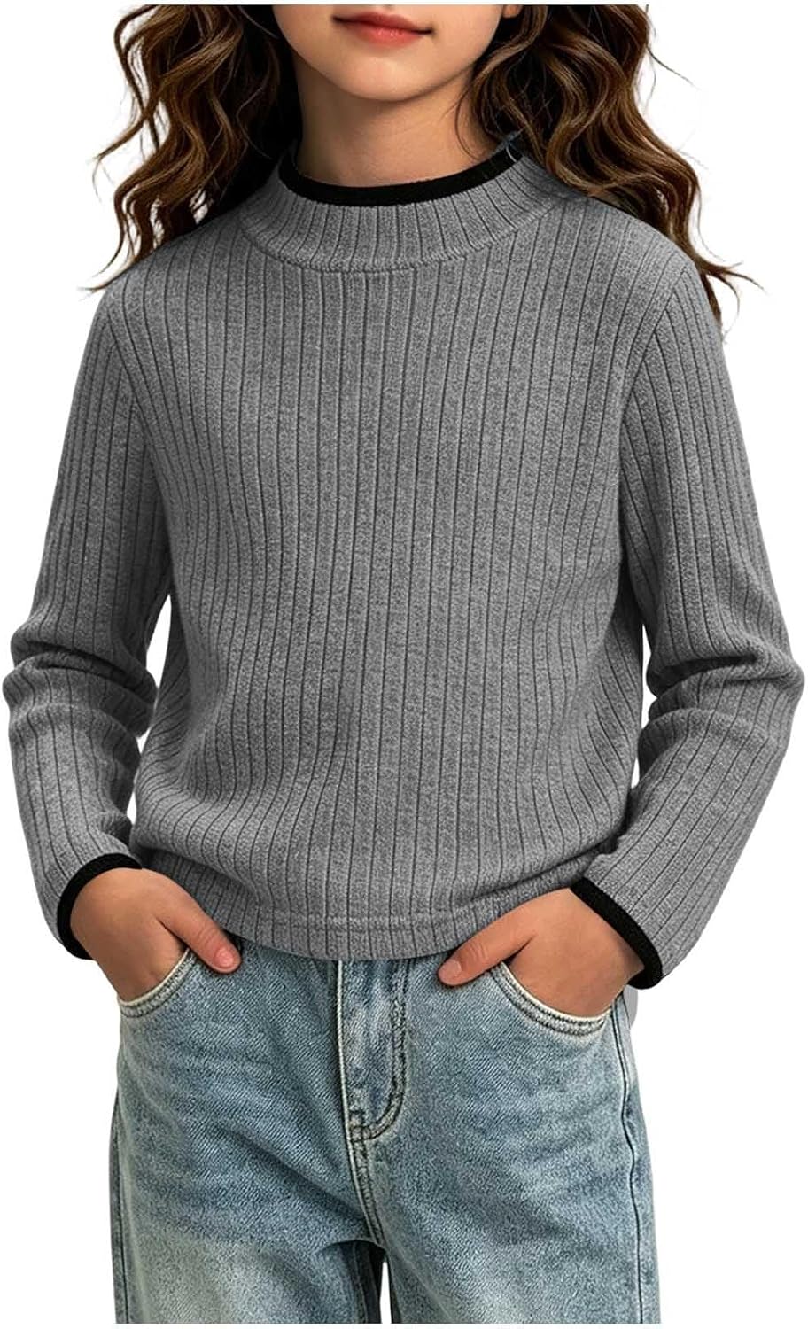 Girls Long Sleeve Mock Neck Ribbed Shirts Fall Casual Tops 0-8Y