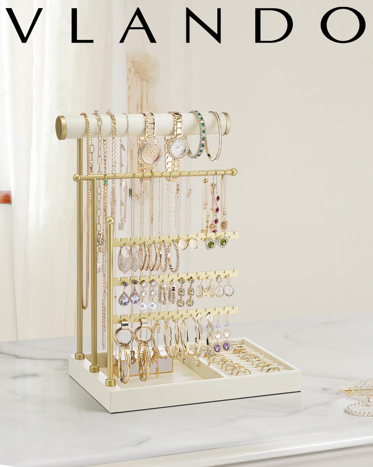 VLANDO Jewelry Stand Organizer with Ring Holder, Jewelry Holder Organizer with Tray, Necklace Bracket Earring Holder - Cloud White