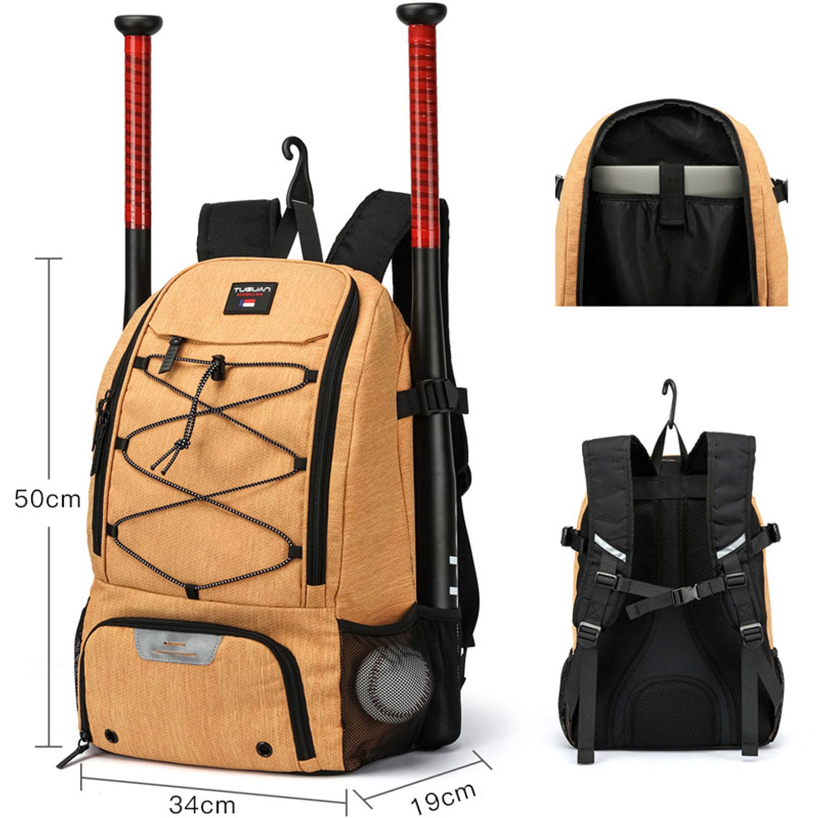 Trendiger und praktischer Baseball Trainingsrucksack mit viel Platz für Schlägerschuhe und andere Gegenstände sowie leicht zu pflegendem Schläger und Handschuhplaner aus Stoff