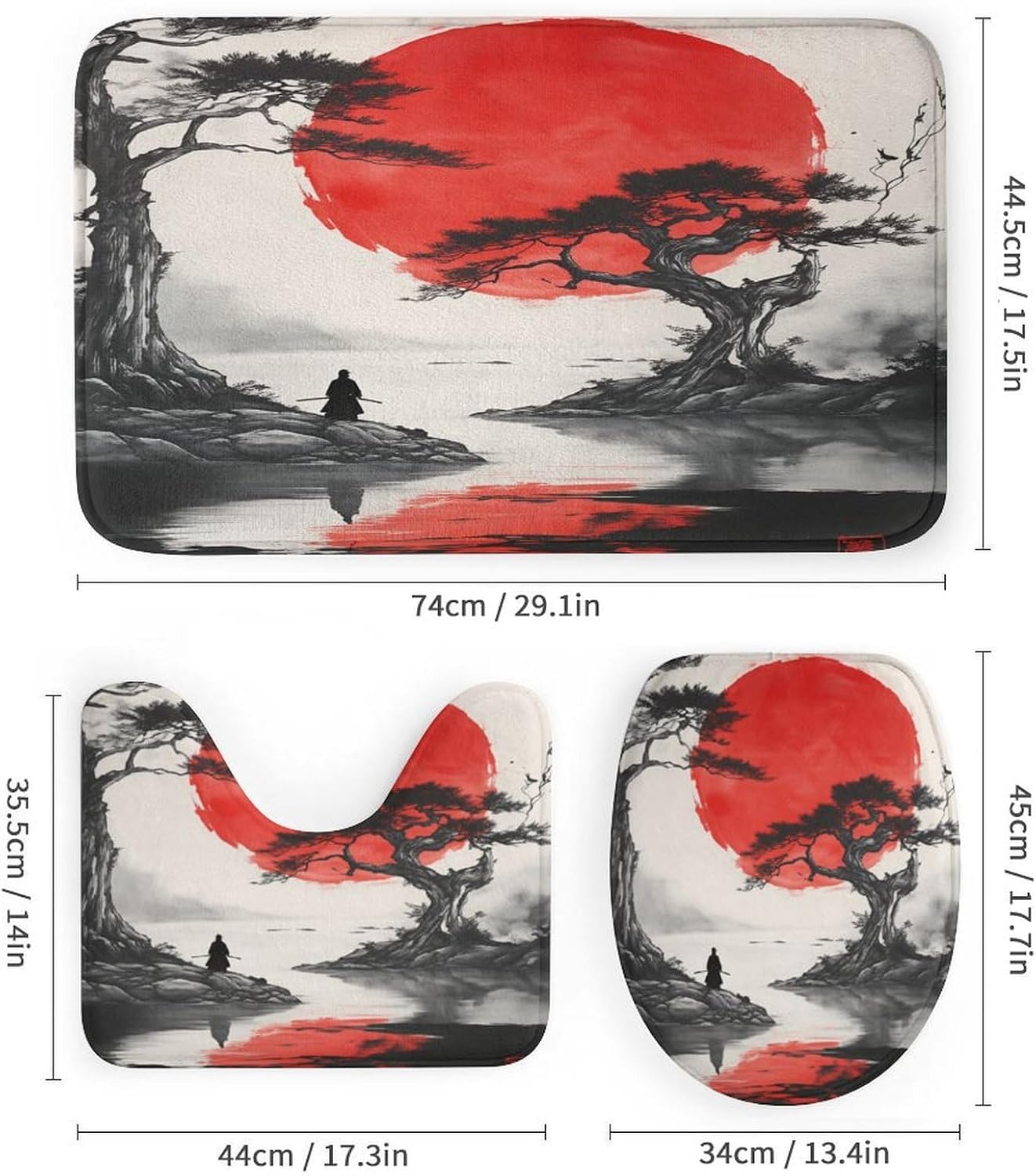 4PCS Mysterious Japanese Tree Ninja Rock Water Moon Shower Curtain Set 72W X 72L, Rustic Samurai Red Print Bathroom Decor, Toilet Lid Cover Non-Slip Rugs and U-Shaped Mat Set 12 Hooks