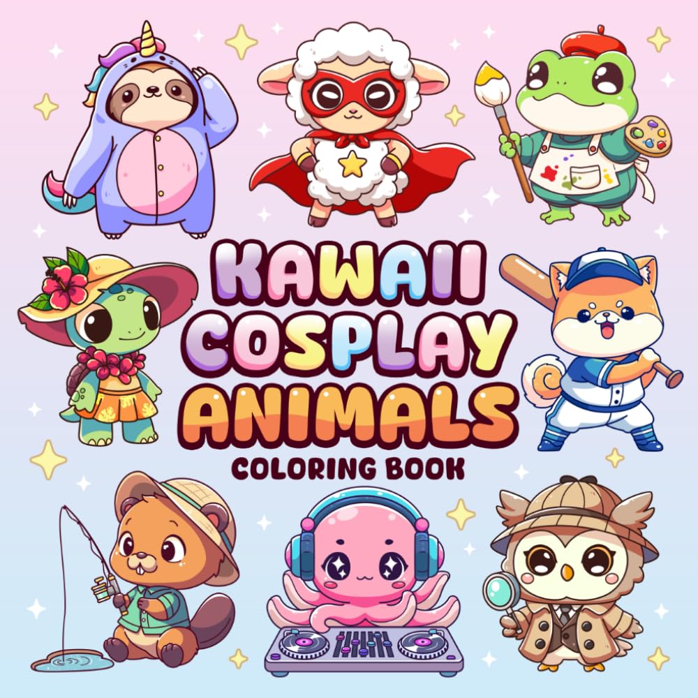 Kawaii Cosplay Animals Coloring Book: 50 Cute Whimsical Farm and Wild Animal Characters in Costumes Bold and Easy Coloring Page for Kids and Adults
