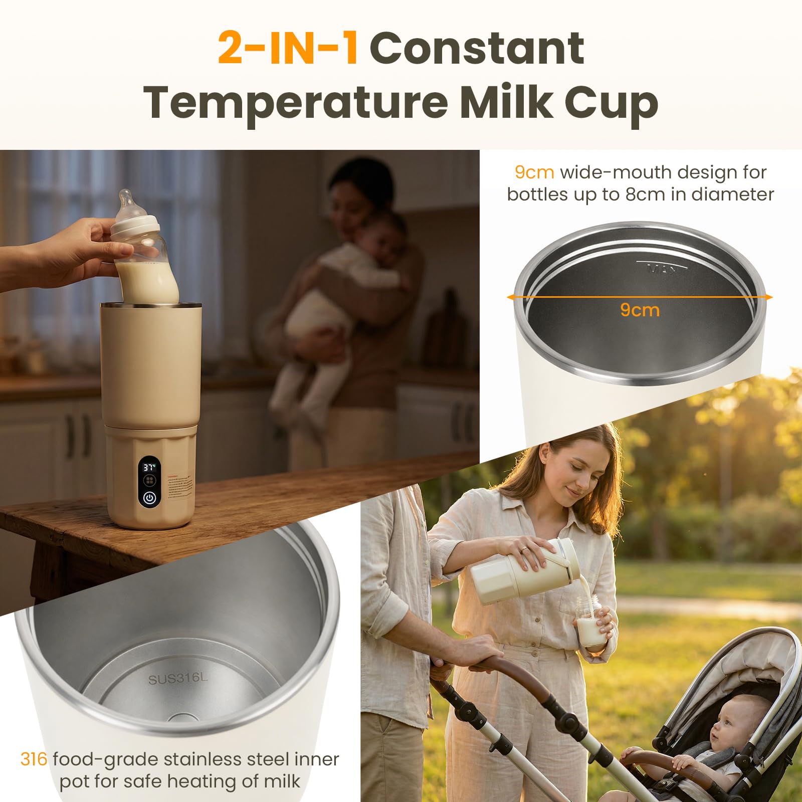 Tragbarer Flaschenwärmer - 2-in-1 Babyflaschenwärmer Schnelles Aufheizen Muttermilch und Wasser, Pasteurisierung, 24 Stunden konstante Temperatur für den Ganzen Tag (Beige) - 3