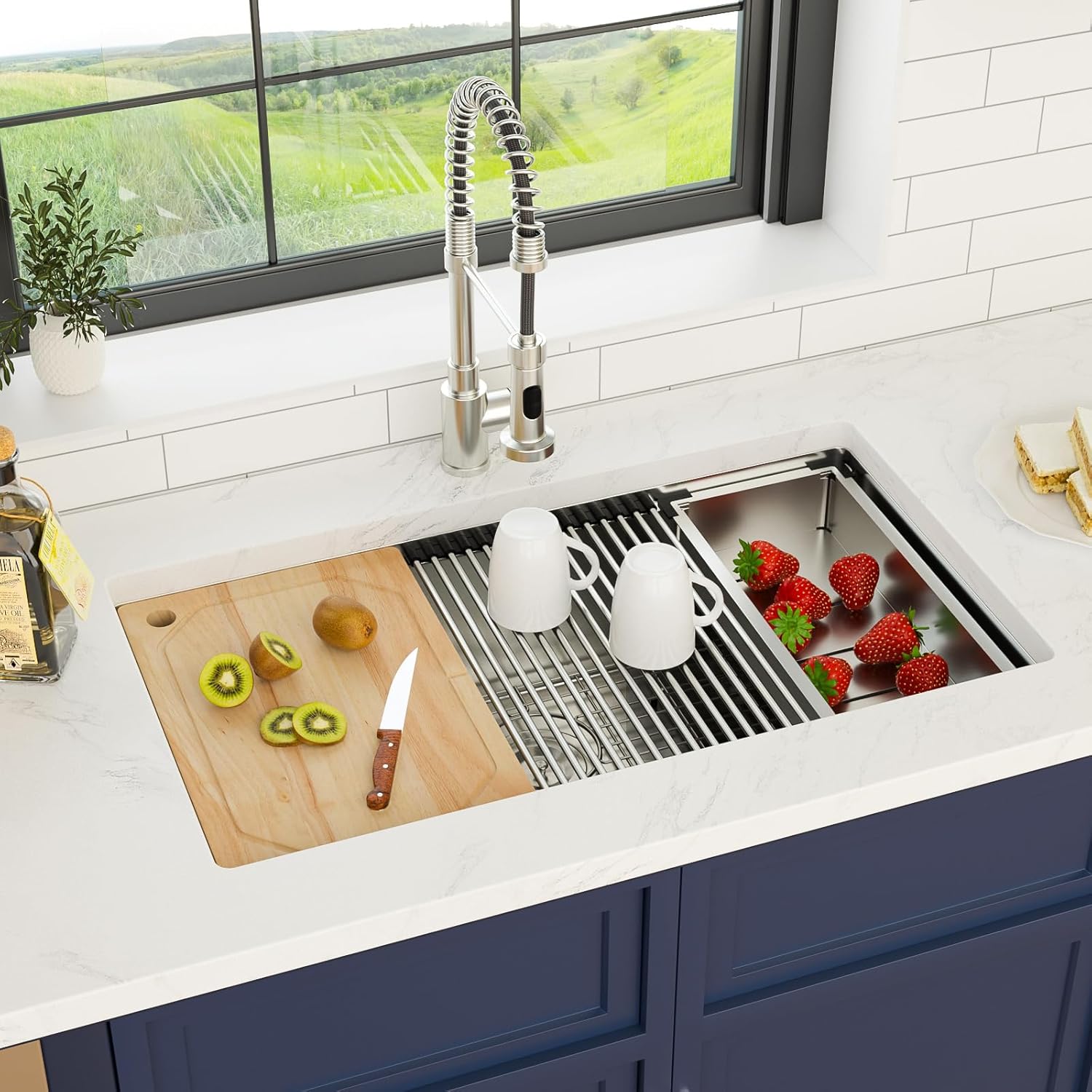 32 x 19 Inch Undermount Kitchen Sink Workstation 16 Gauge Stainless Steel Handmade Sink Round Corners Single Bowl Large Deep Under Counter Kitchen Sinks Basin, 32"x19"x9"