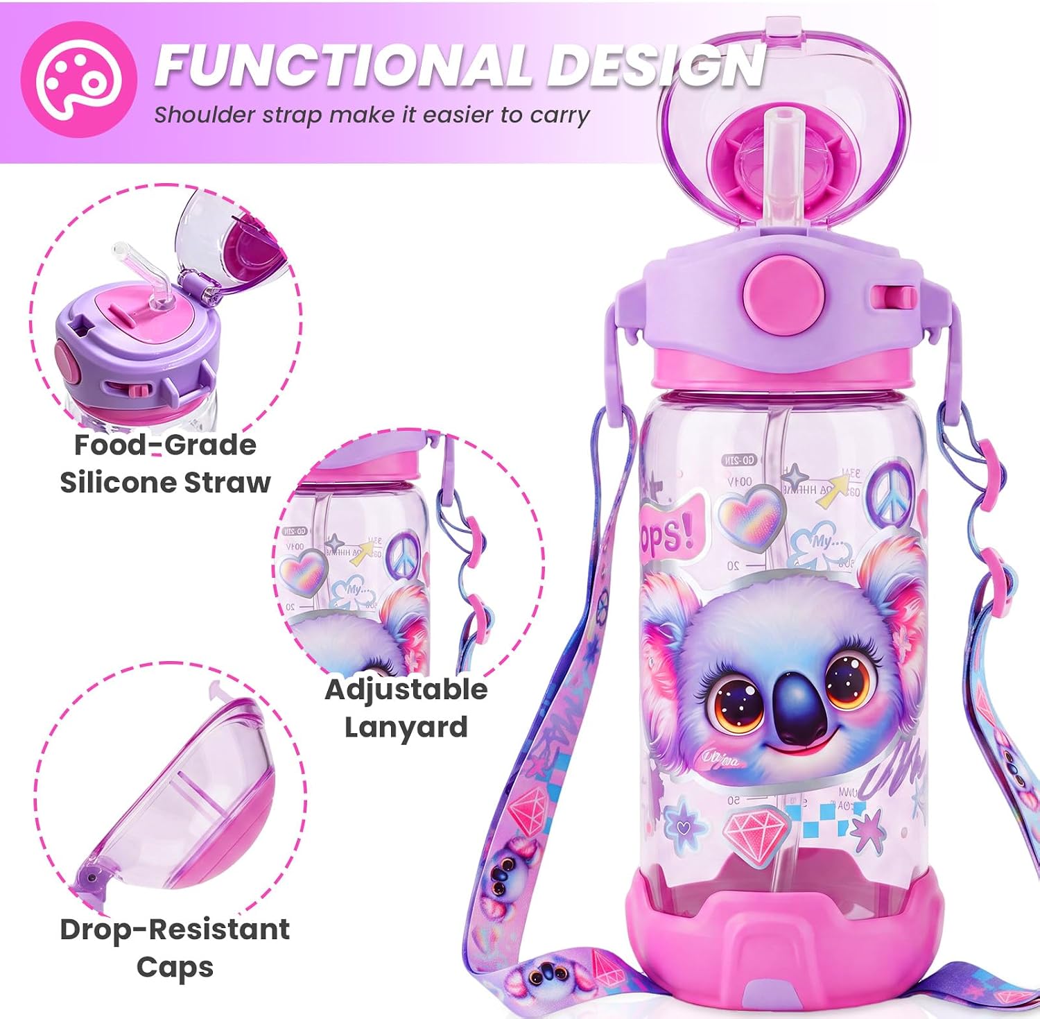 Kids Water Bottle with Straw/Strap for School Kids Girls Boys, 22oz BPA Free Child Drinking Water Bottle One-Click-Open Leak-Proof Locking Flip Lid for School Sport Travel image 2