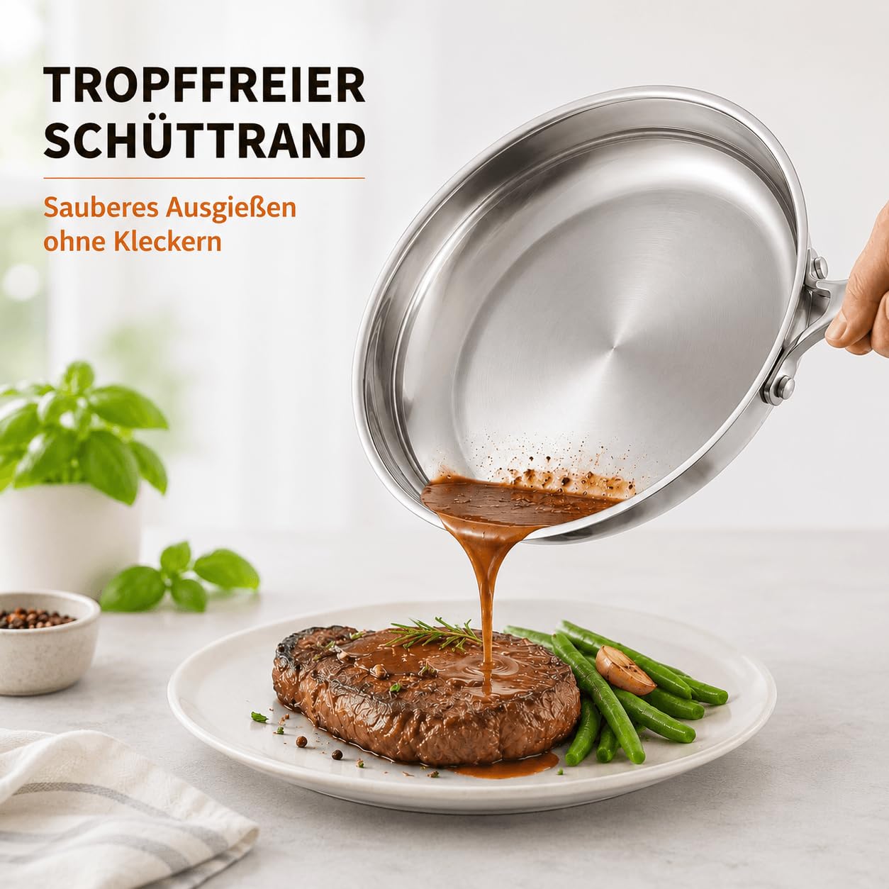 DELARLO Edelstahlpfanne Unbeschichtet 28 cm mit Deckel