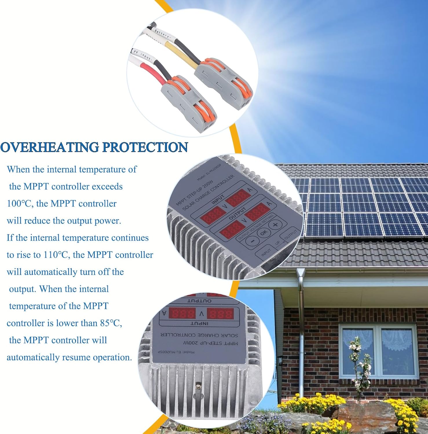 Solar Battery Charge Controller, Boost MPPT Voltage Adjustable Waterproof with Display Solar Battery Maintainer for Solar System 24‑85V (200W)