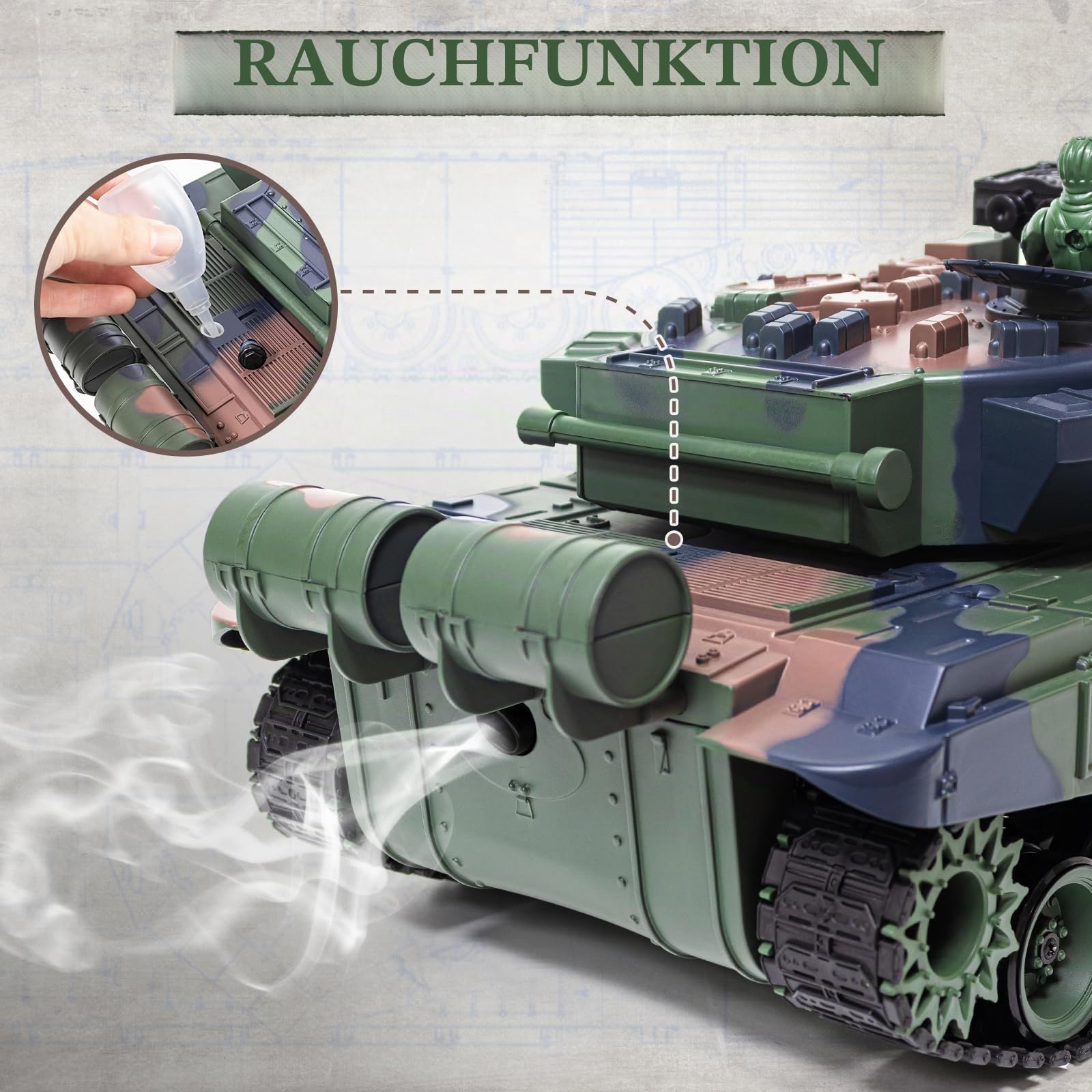 Supdex 1:18 RC Panzer T90, 2.4GHz Panzer Ferngesteuert mit Schussfunktion, WW2 Militär, Ferngesteuertes Militärfahrzeug mit Metallketten, Rauch, Licht, Sound, Armee Spielzeug für Kinder Erwachsene