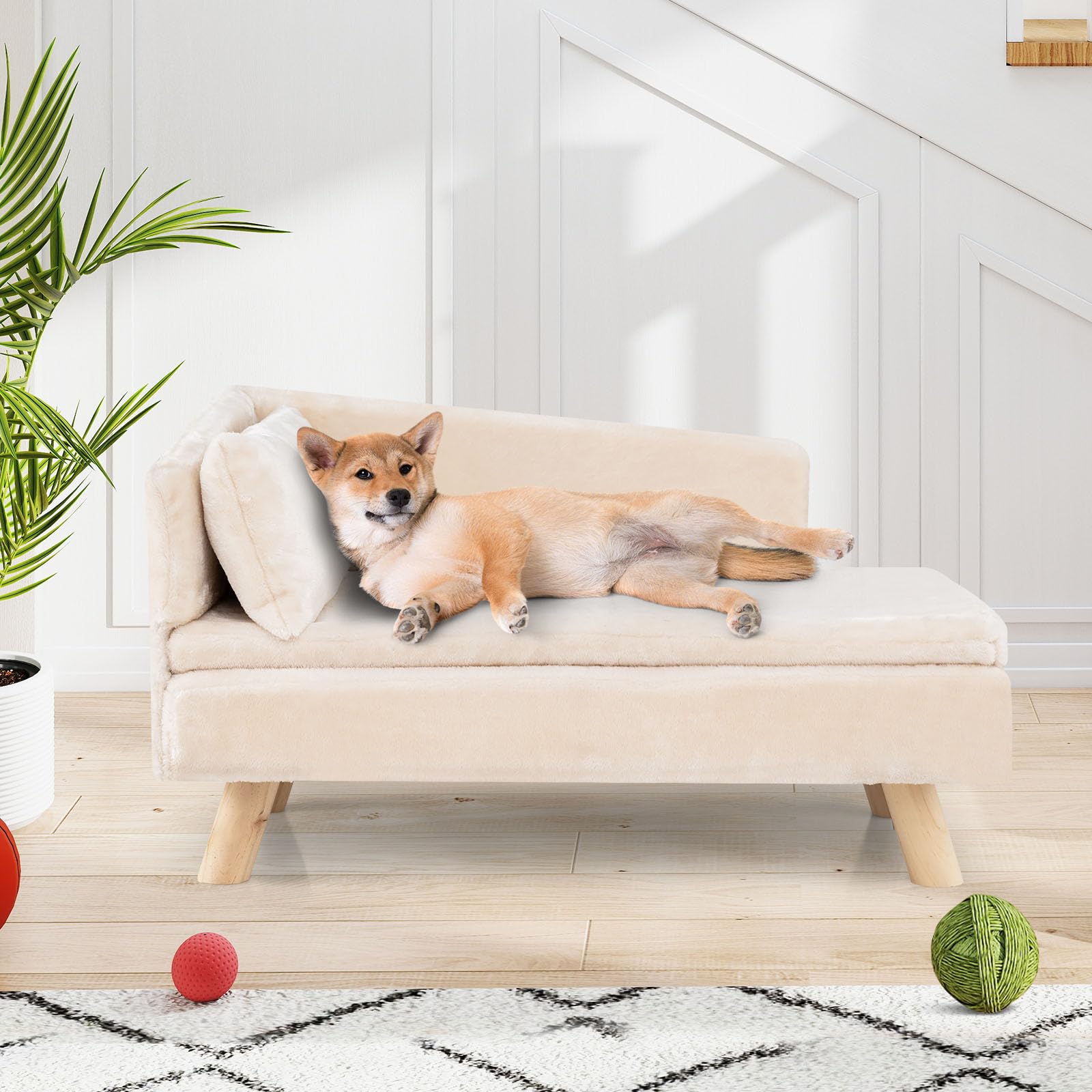 GOPLUS Sofá para Perros, Cama Elevada para Perros con Respaldo Alto, Cojín Acolchado Extraíble y Patas de Soporte de Madera Maciza, Sofá Lavable para Perros y Gatos Medianos y Pequeños (Blanco)