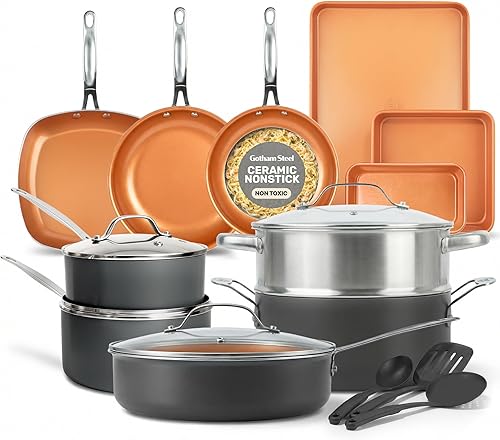 GOTHAM STEEL 20 Pc Ceramic Cookware Set, Copper Pots and Pans Set Non Stick with Bakeware, Cooking Utensils, and Steamer, Oven and Dishwasher Safe