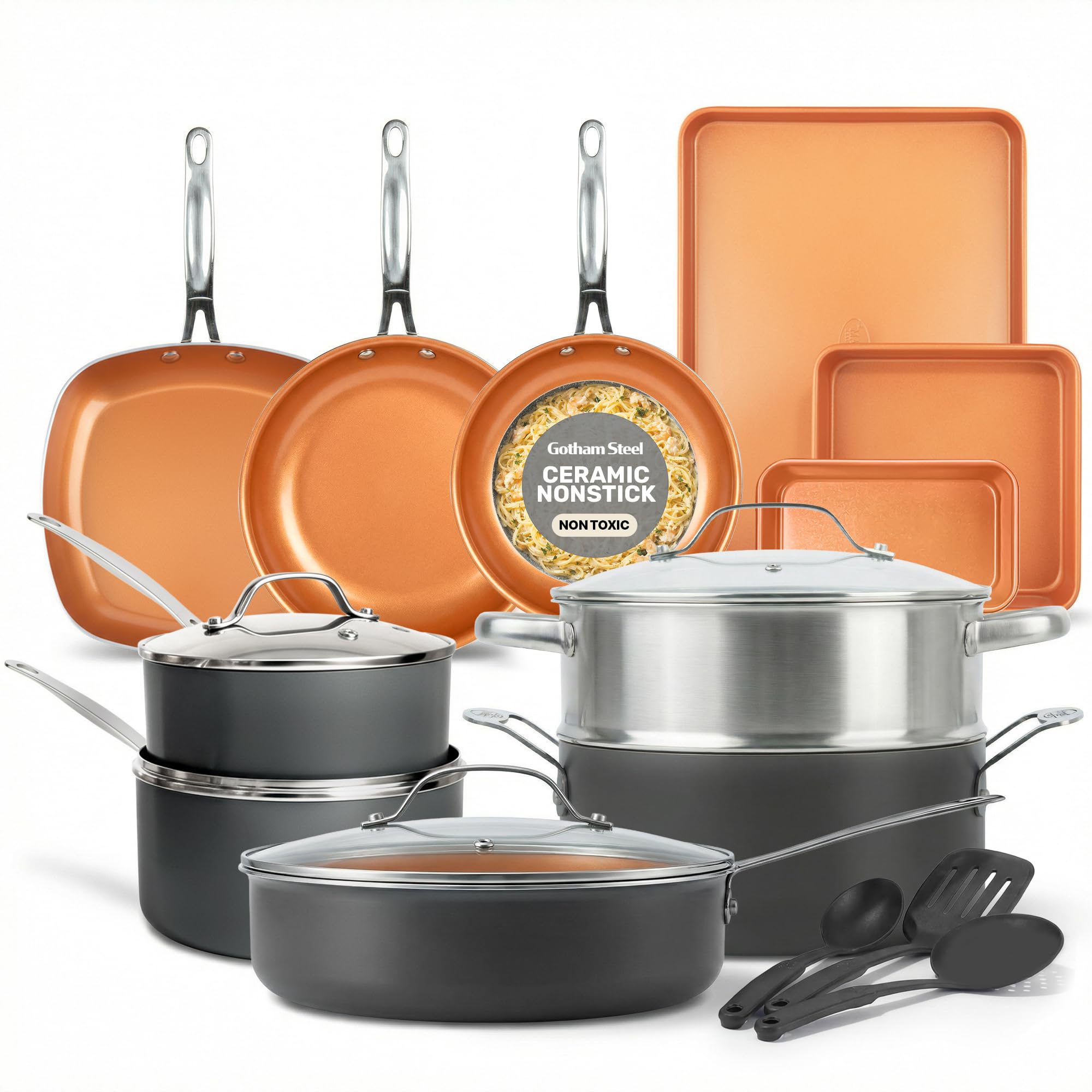 20 Pc Ceramic Cookware Set, Copper Pots and Pans Set Non Stick with Bakeware, Cooking Utensils, and Steamer, Oven and Dishwasher Safe