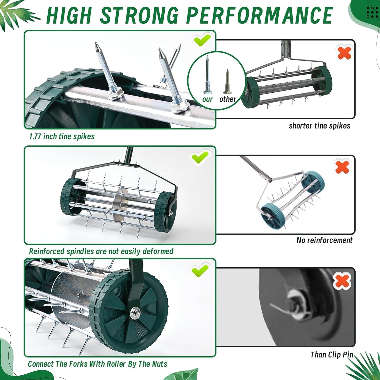 18-Inch Rolling Lawn Aerator,Manual Push Aerator Lawn Tool,Aeration Yard airaider Tool for Lawn,Lawn air Grass Spike Aerator Tool (Green)
