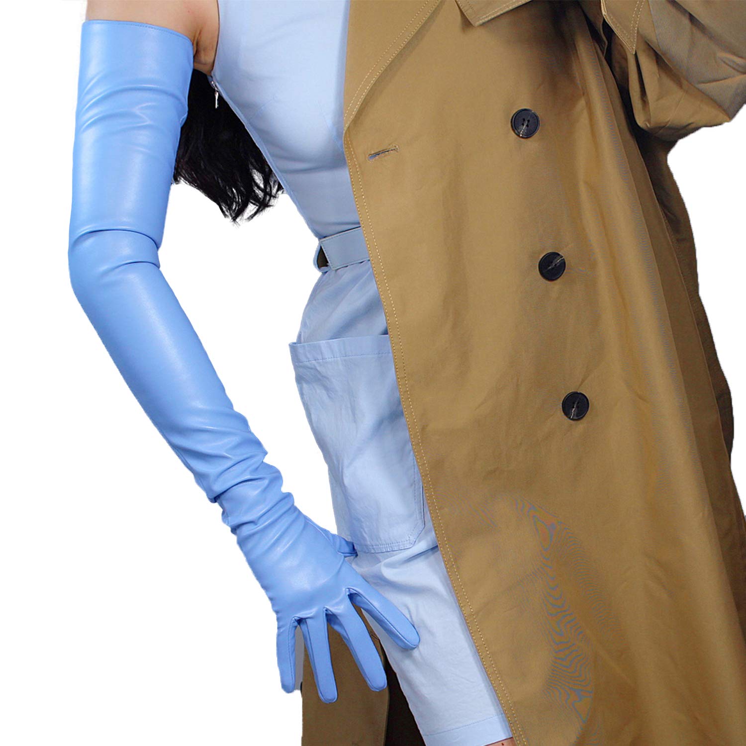 DooWay Women's Long Leather GLOVES 28 Inch Shoulder Length Faux PU for Evening Party Cosplay Costumes Formal Dressing Sky Blue