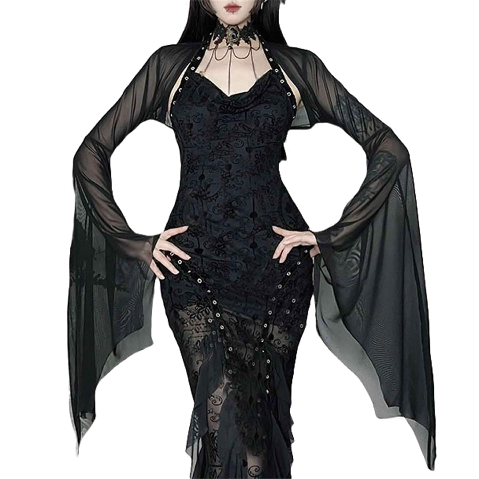 Twfsgirl Women Goth See Through Crop Shrug Top - Bat Flare Long Sleeves Sheer Mesh Bolero Rave Dressy Fall