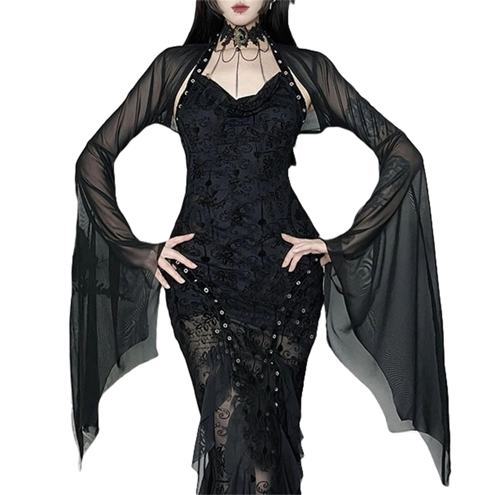 Women Goth See Through Crop Shrug Top - Bat Flare Long Sleeves Sheer Mesh Bolero Rave Dressy Fall