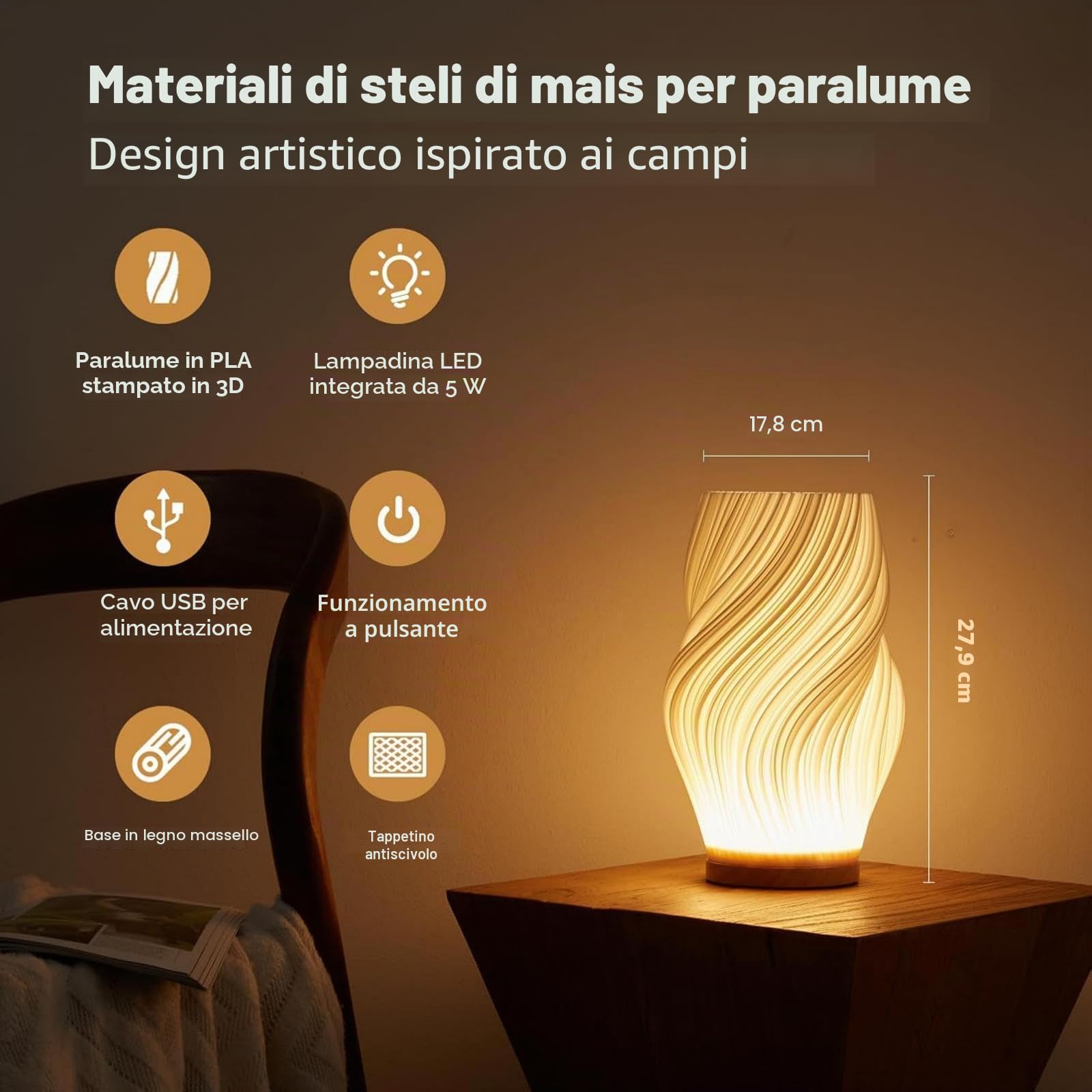 Lampada da comodino base in legno - Lampada da tavolo con controllo a pulsante per camera da letto dimmerabile in 12 modi, con paralume in PLA per soggiorno (Bianco-F, Grande)
