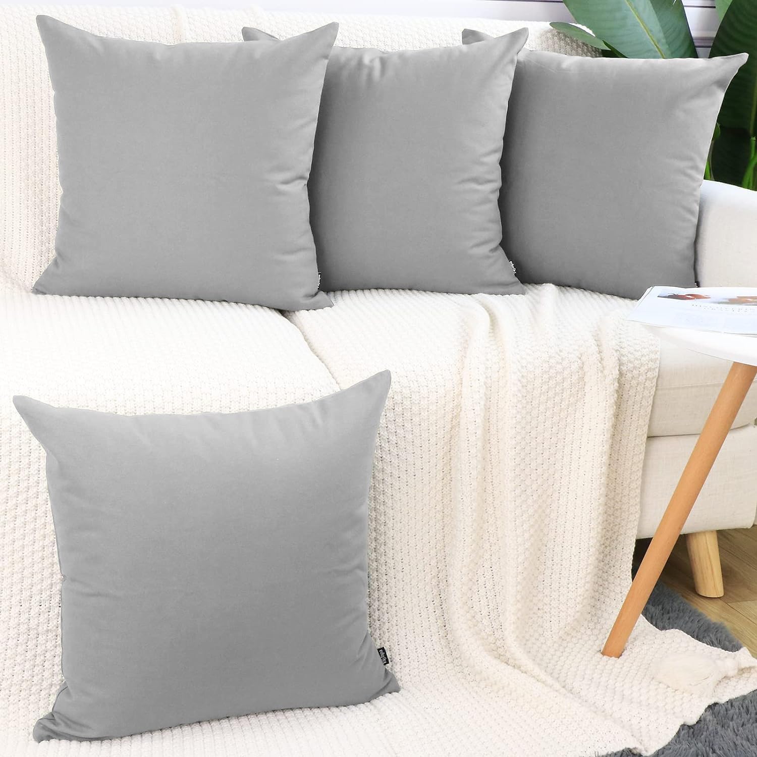 Faylapa 4Pcs Canvas Cotton Pillow Covers,18 x 18 inch Solid Decorative Throw Pillow Cases for Santa Living Room Car Office Decoration (Case ONLY) (Light Grey, 45 * 45cm(18''×18''))