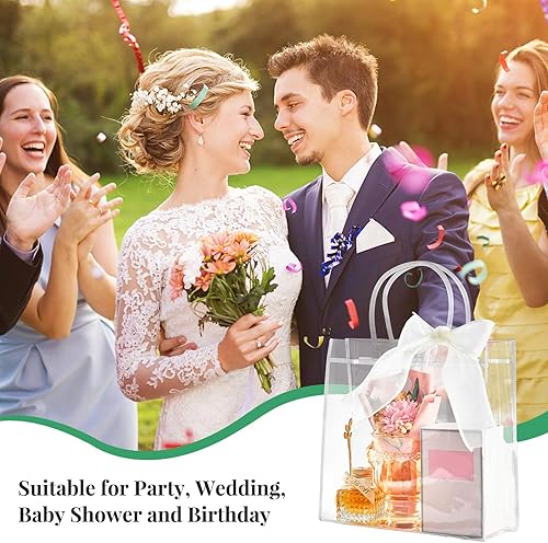 Miniatura 6 de CLUEWR Paquete de 16 bolsas de regalo transparentes con asa, bolsas reutilizables de plástico PVC para regalo con cinta, bolsas de regalos de