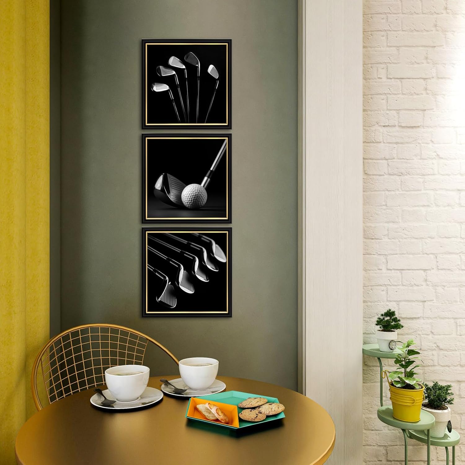 VANSEEING 3 Pieces Black and White Golf Canvas Wall Art Golf Ball Club Pictures Sports Artwork Wall Decor for Gym Room Office Boys Mens Room Ready to Hang Black Glod Framed 12x12inchx3