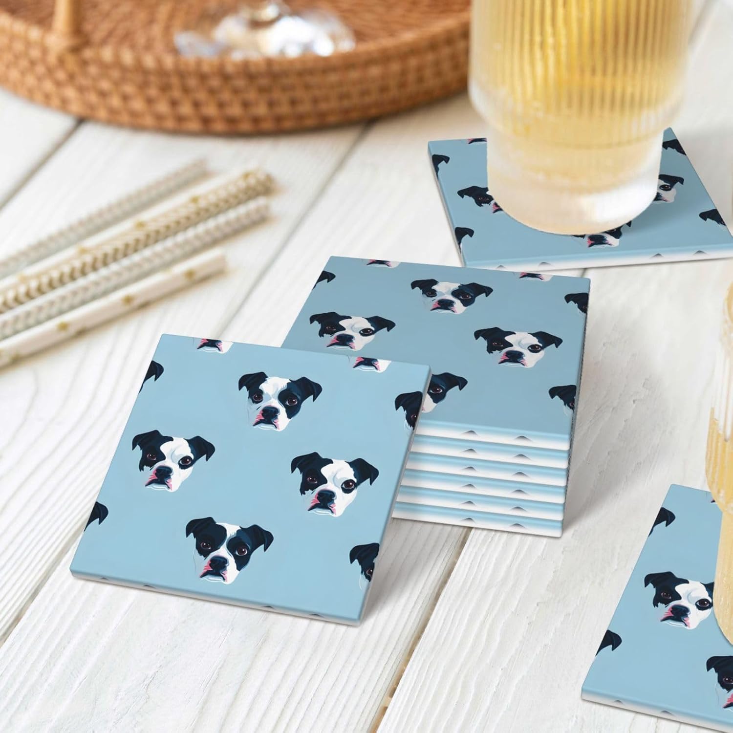 (Dog face Pattern) Ceramic Coasters Set of 6 with Holder Non-Slip Square Coffee Coasters for for Cup Mug Drink Patio Coffee Table Decor, Christmas Coasters Home Bar Supplies