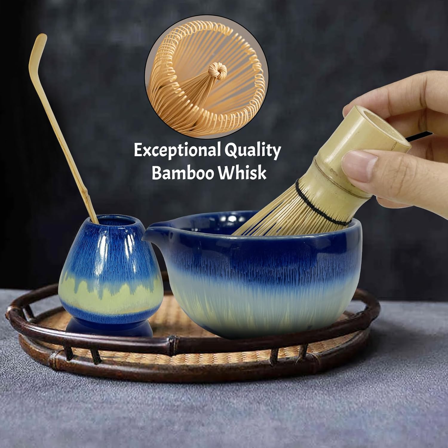 Matcha Whisk Set 6 pc Kit - Traditional Japanese Chasen, Bamboo Whisk Holder, Ceramic Bowl with Spout, Sifter & 2 pc Spoons - matcha kit set, Gift for Matcha Tea Lovers (Gradient Blue) - Image 4