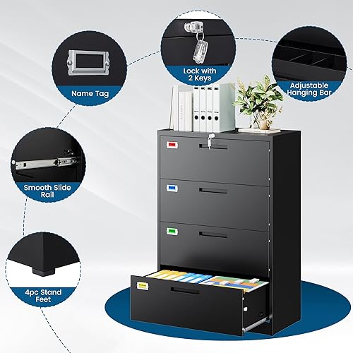 Miniatura 5 de PEUKC Archivador de 4 cajones, archivadores laterales para oficina en casa, cajones de almacenamiento de oficina con cerradura, archivos colgantes