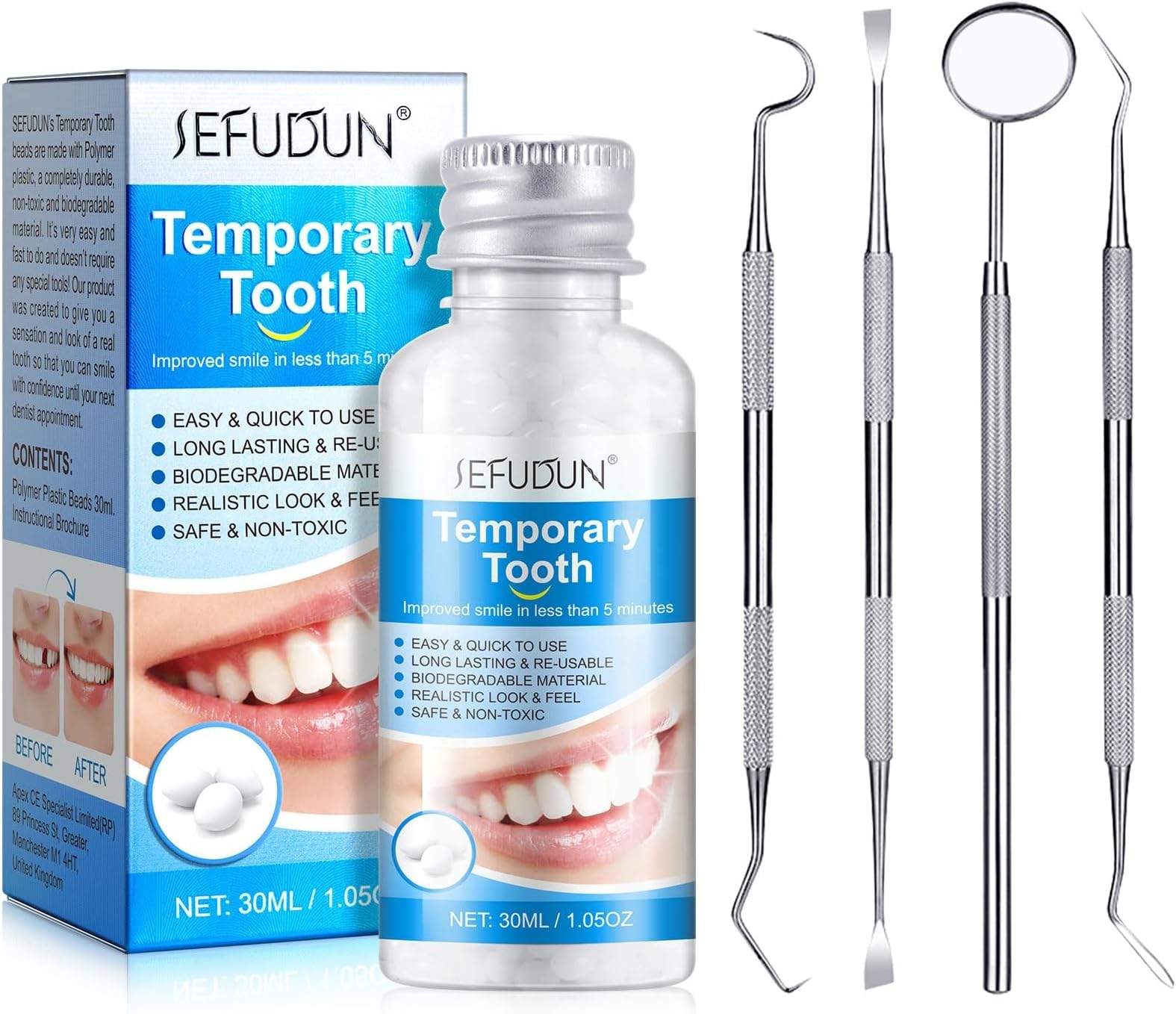 NALACAL Tooth Filling Repair Kit, Temporary Tooth Filling Tooth Repair Kit with 4 Dental Tools Re-Usable Safe False Teeth for Temporary Filling Fixing Missing Broken Tooth