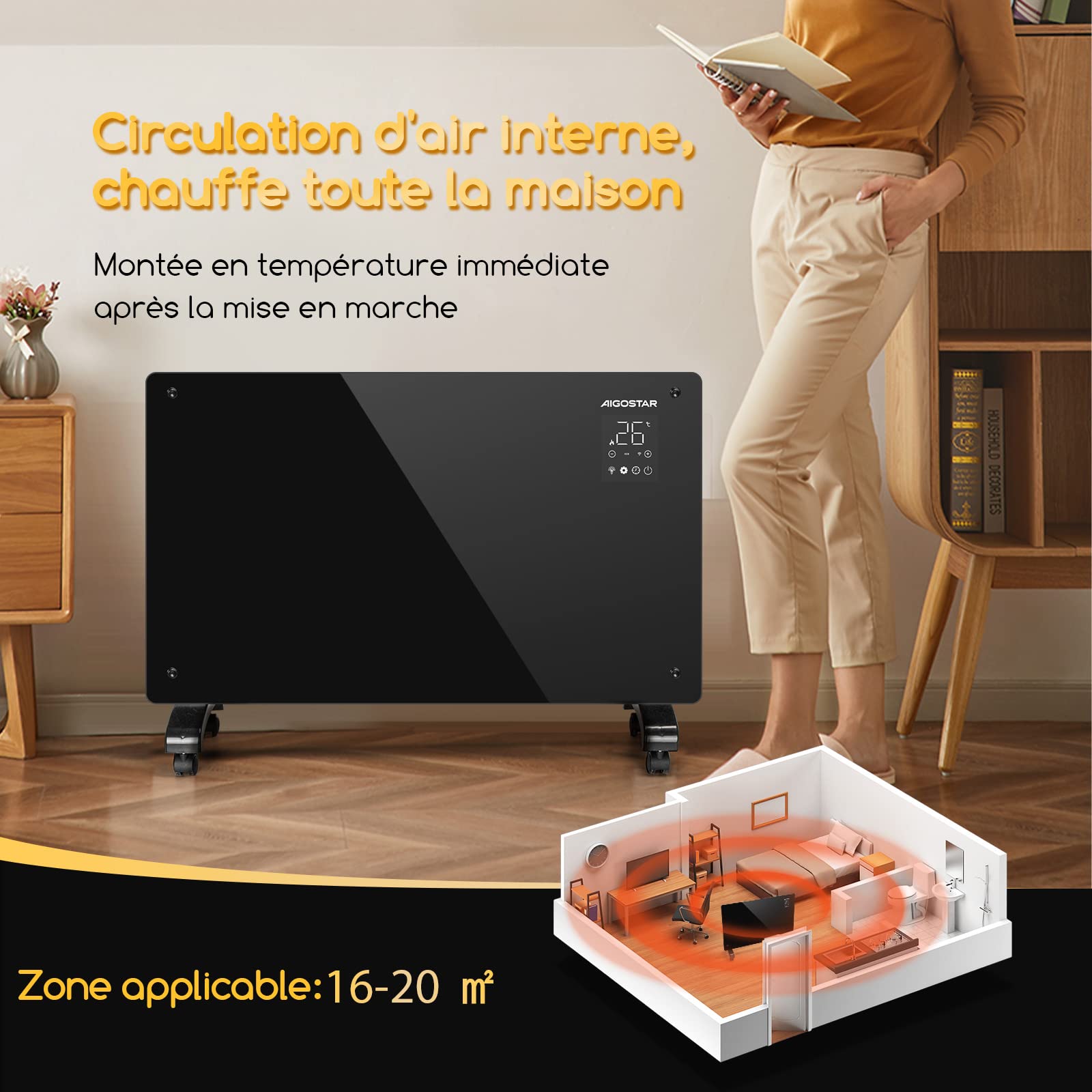 Aigostar Helen Smart - Radiateur Electrique, 2000W, Convecteur Électrique à Panneau de Verre Ultra Fin, Connexion Wi-Fi, Alexa, Minuterie 24h, 3 Modes, Écran Tactile Led. Programmable.