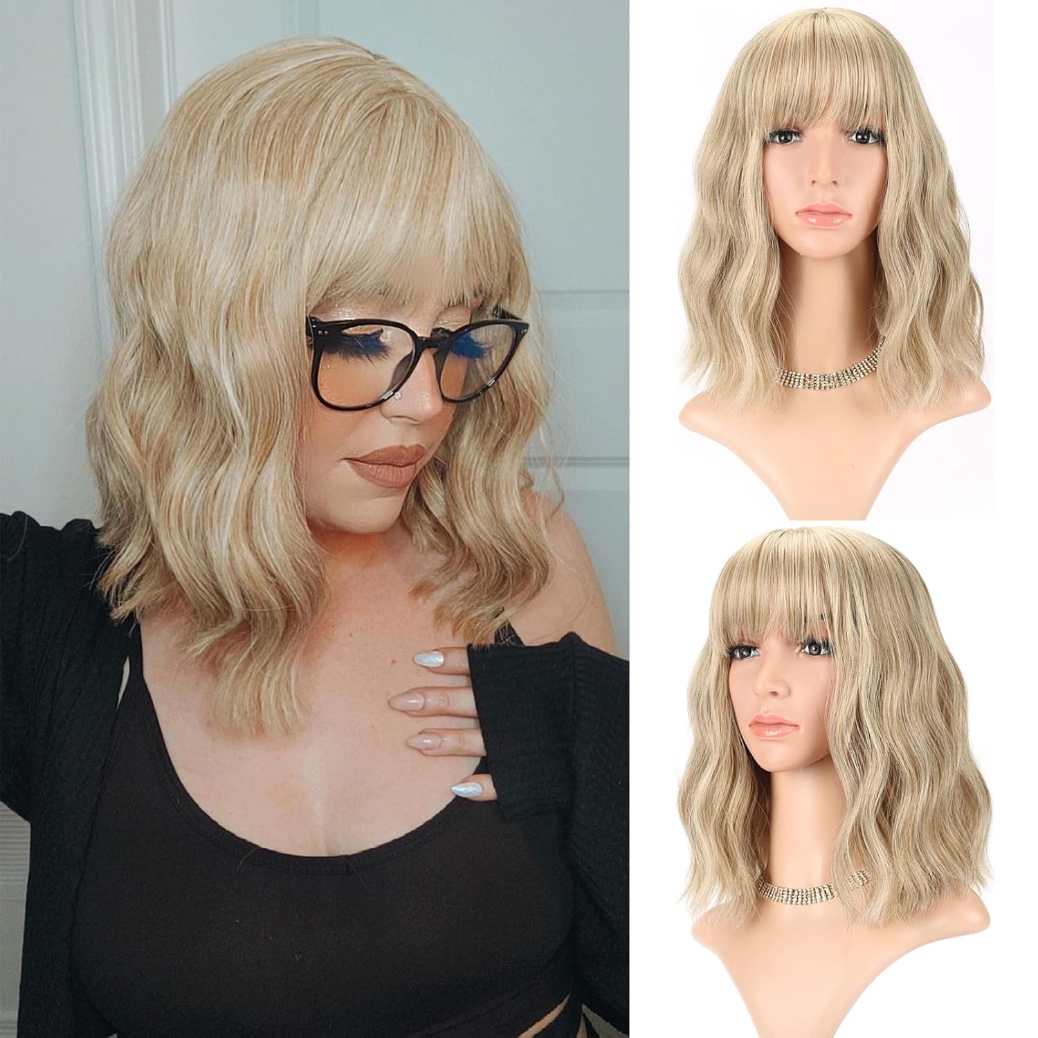 FAELBATY Blonde Wave Short Bob Wigs With Air Bangs Shoulder Length Wig For Women and Girls Curly Wavy Synthetic Cosplay Costume Wig (12" Mix blonde and gold)