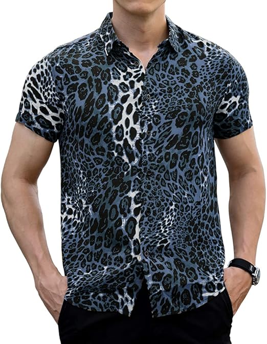LOGEEYAR Men Shirt Leopard Snakeskin Print Button Down Short Sleeve Casual Shirt at Amazon Men’s