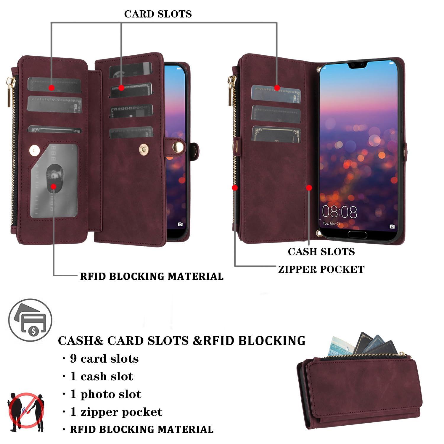 Asuwish Leder-Handyhülle Für Huawei P20 – Mit 6 Kartenfächern, Ständer & Reißverschluss, Inkl. Schutzfolie