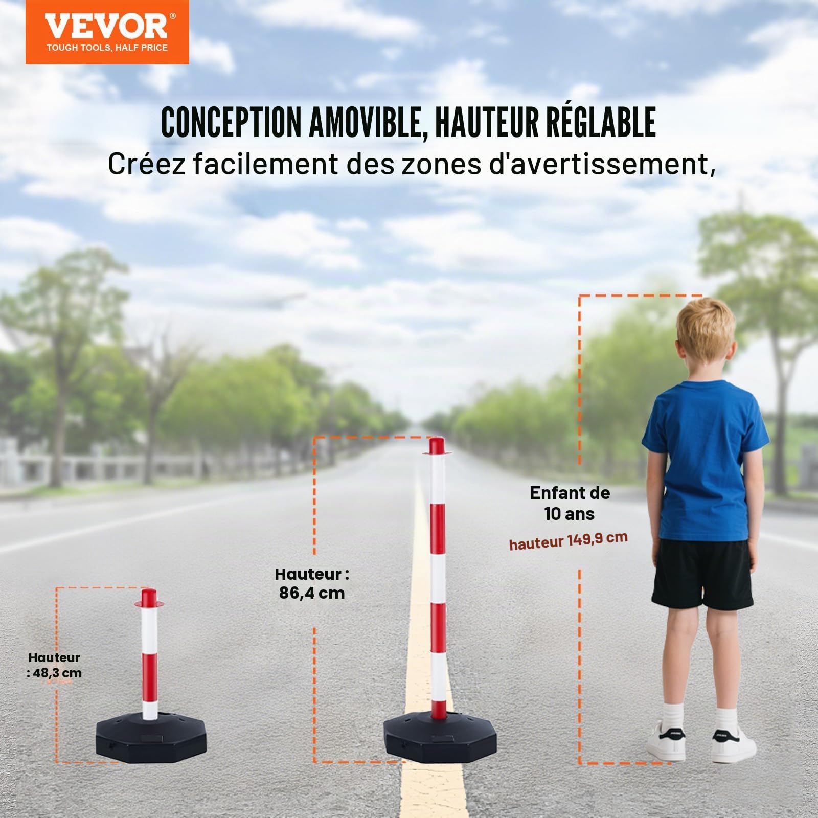 VEVOR Poteau de Signalisation 4PCs Poteau de Délimitation sur Socle Remplissable Hauteur Réglable Cône de Signalisation Longue Chaine 2,4 m pour Contrôle de Circulation Chantier Parking Rouge et Blanc