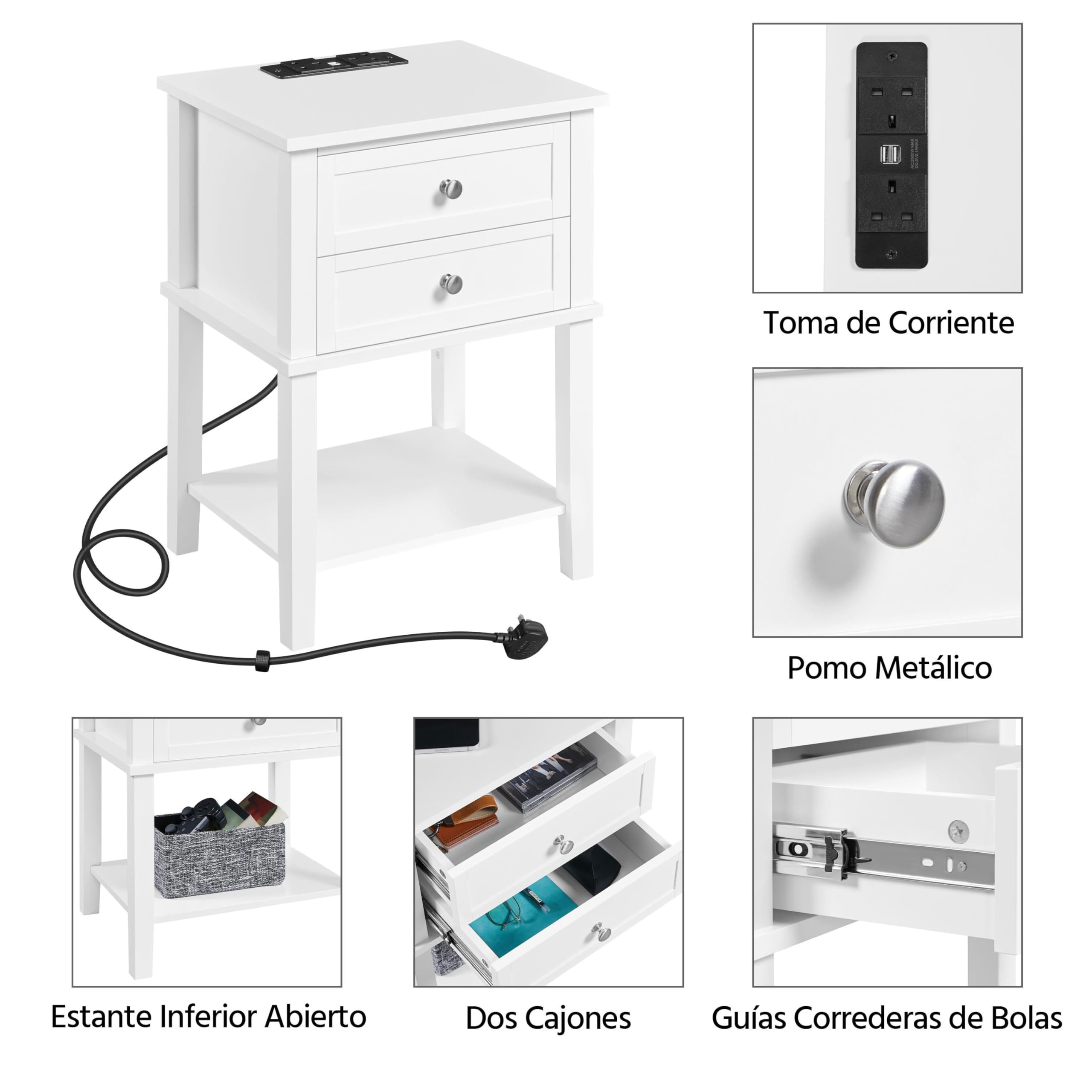 Yaheetech Mesita de Noche con Estación de Carga USB Mesilla de Noche con 2 Cajones y 1 Estante Mesas Auxiliar Blanco 45x35x61 cm para Cama Dormitorio Sala de Estar