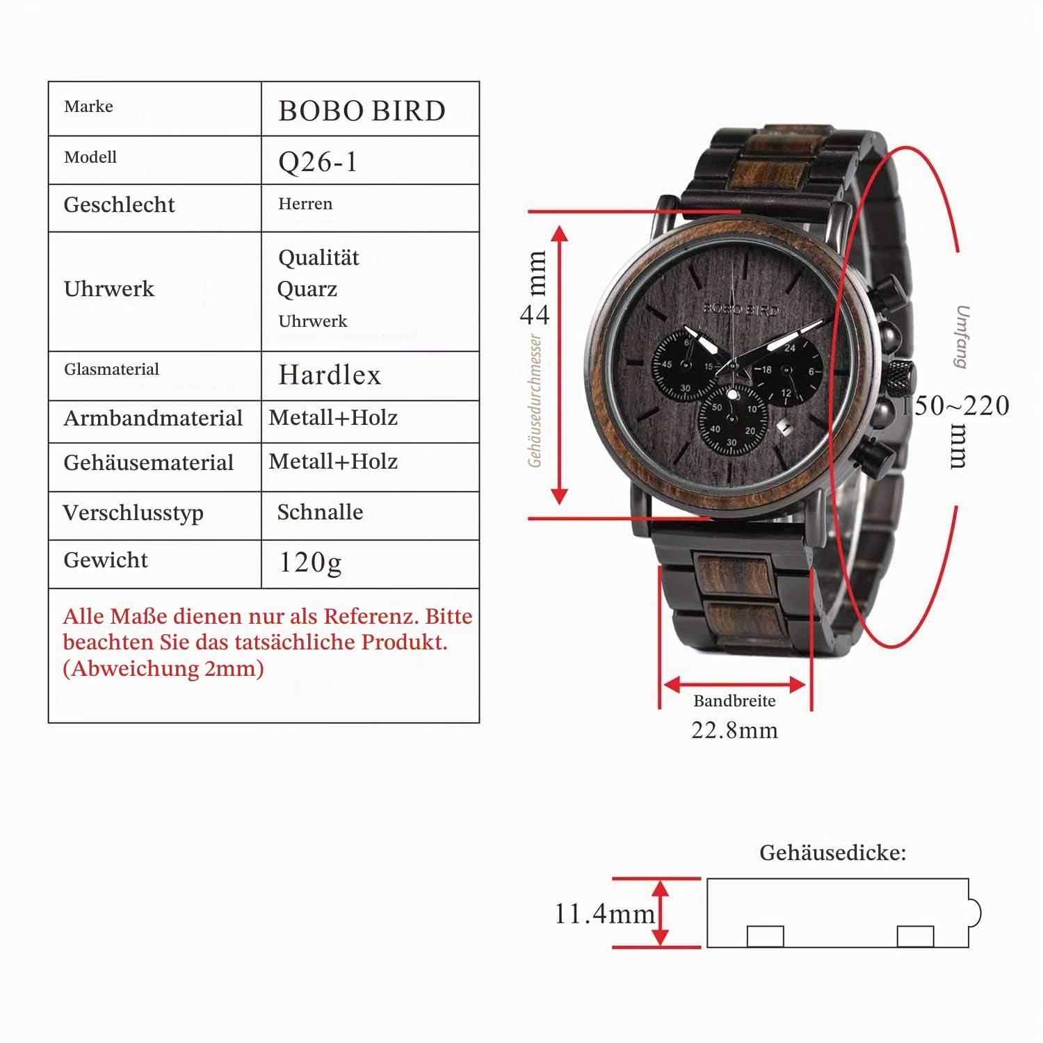 BOBO BIRD Herren-Armbanduhr, aus Holz, stilvoll, aus Ebenholz und Edelstahl, kombiniert, Chronograph