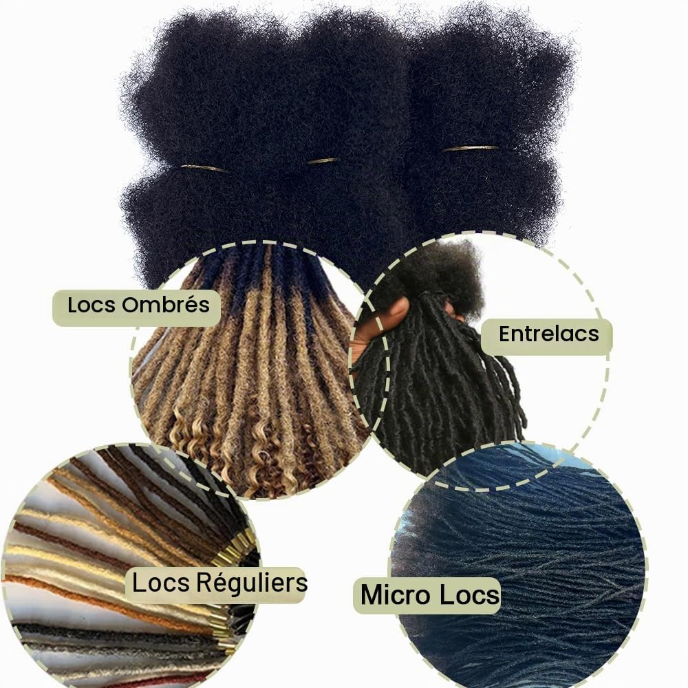100% Afro Kinky Bulk Cheveux Humains pour Dreadlocks - 4 Pièces Texture 4C, 30g/pièce, Noir Naturel - Réparation & Création de Locks (20,3 cm)