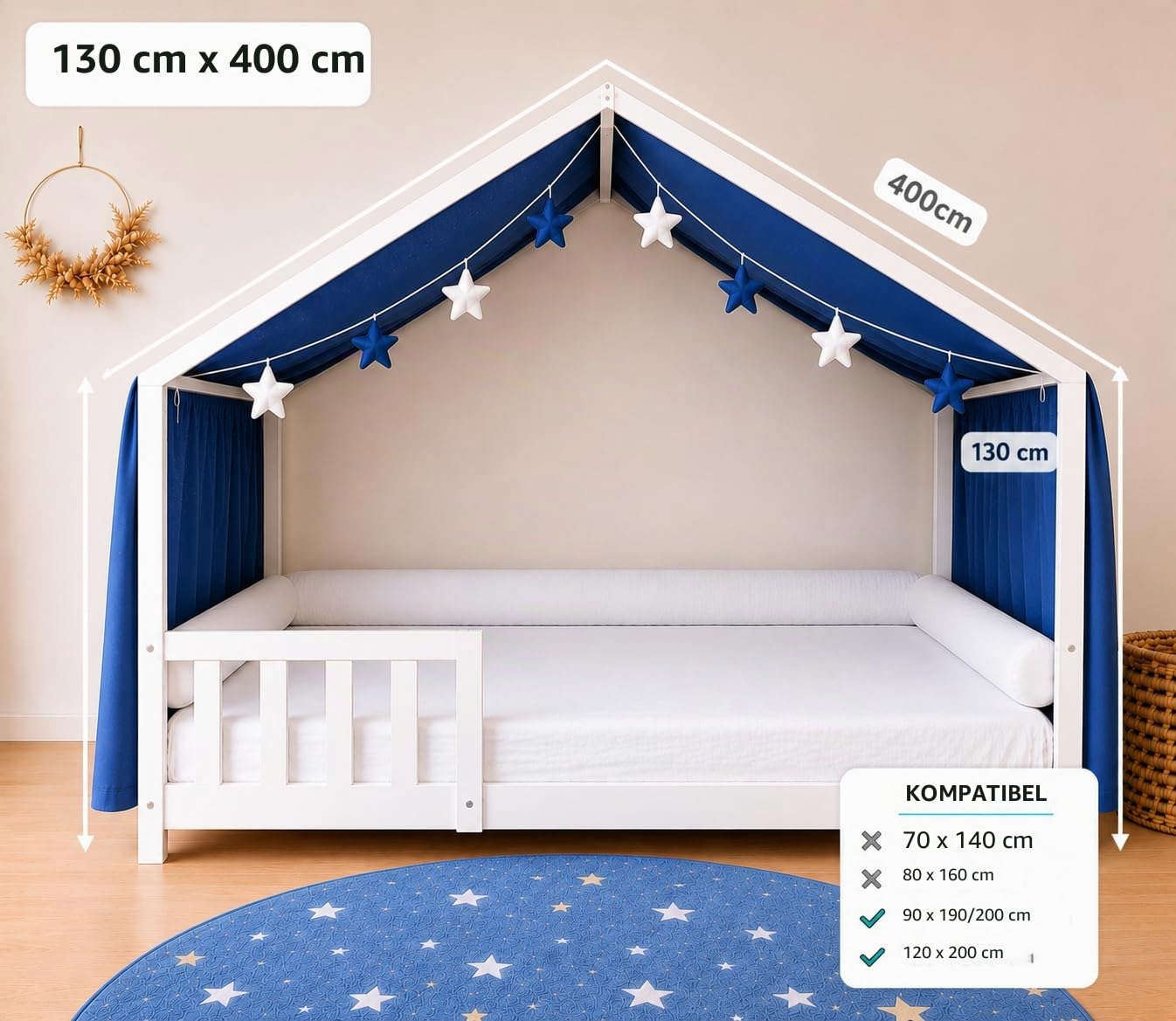YellowNest Hausbett Himmel - 100% Baumwolle - Betthimmel Hausbett aus Musselin - Himmelbett Vorhänge für Bett 90x190 & 140x200 cm - Ohne Wimpelkette Kinderzimmer Stern (Marineblau, 130 x 400 cm)