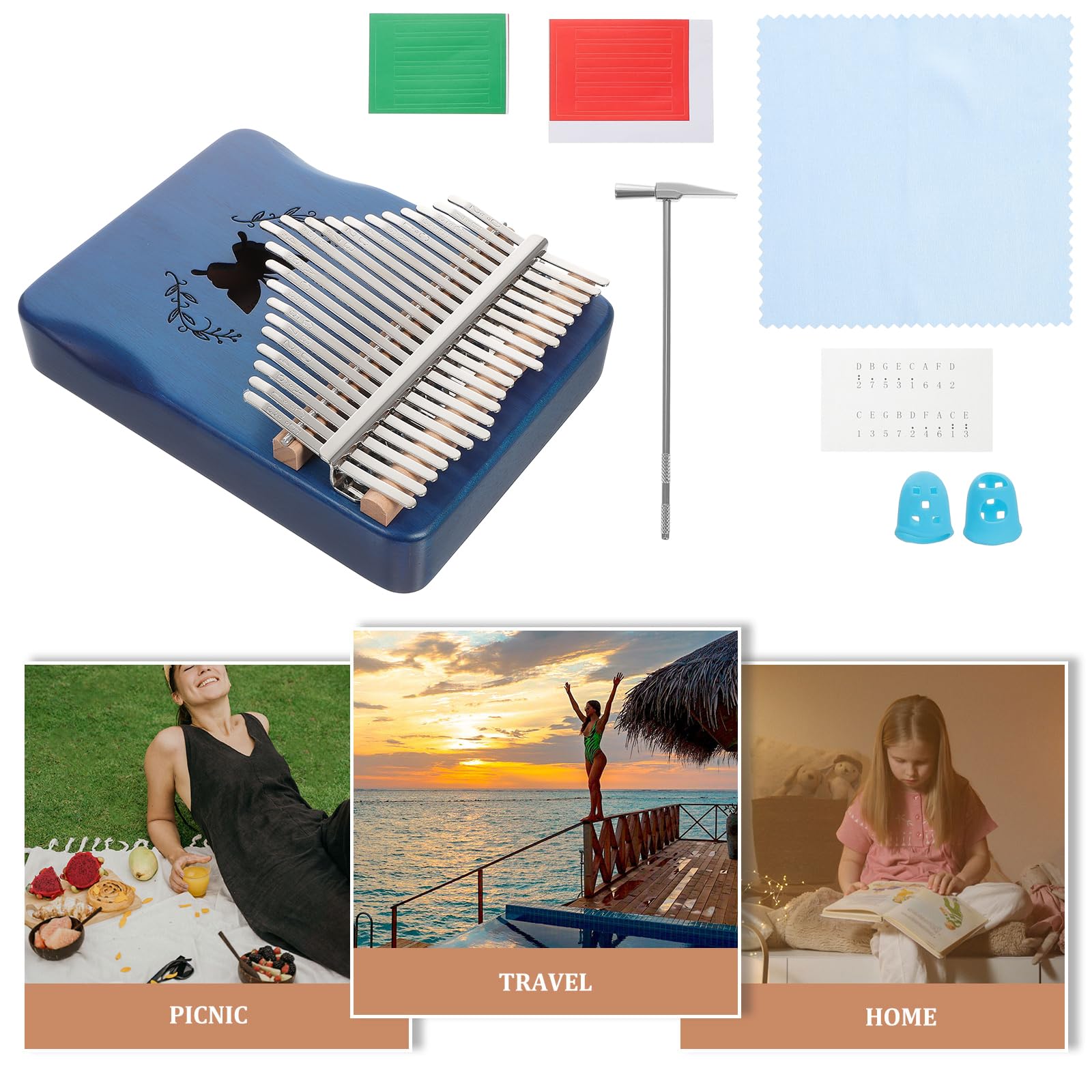 Kalimba Daumenklavier 21 Tasten Fingerklavier aus Holz Mbira tragbares Musikinstrument für Anfänger blau