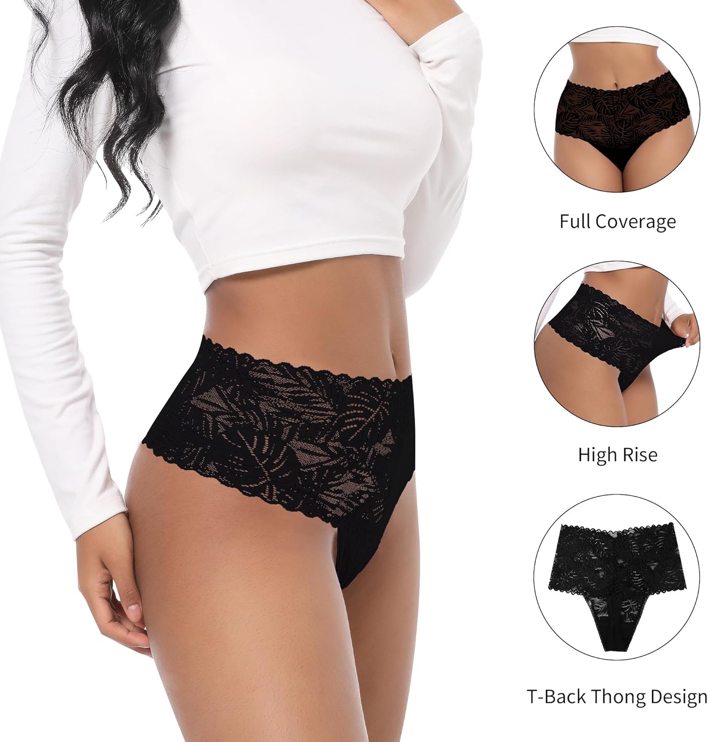 High Waisted Thongs Lace Full Coverage Soft Tangas Tropical Plants Lace Thongs Comfortable Sexy Underwear - Image 2