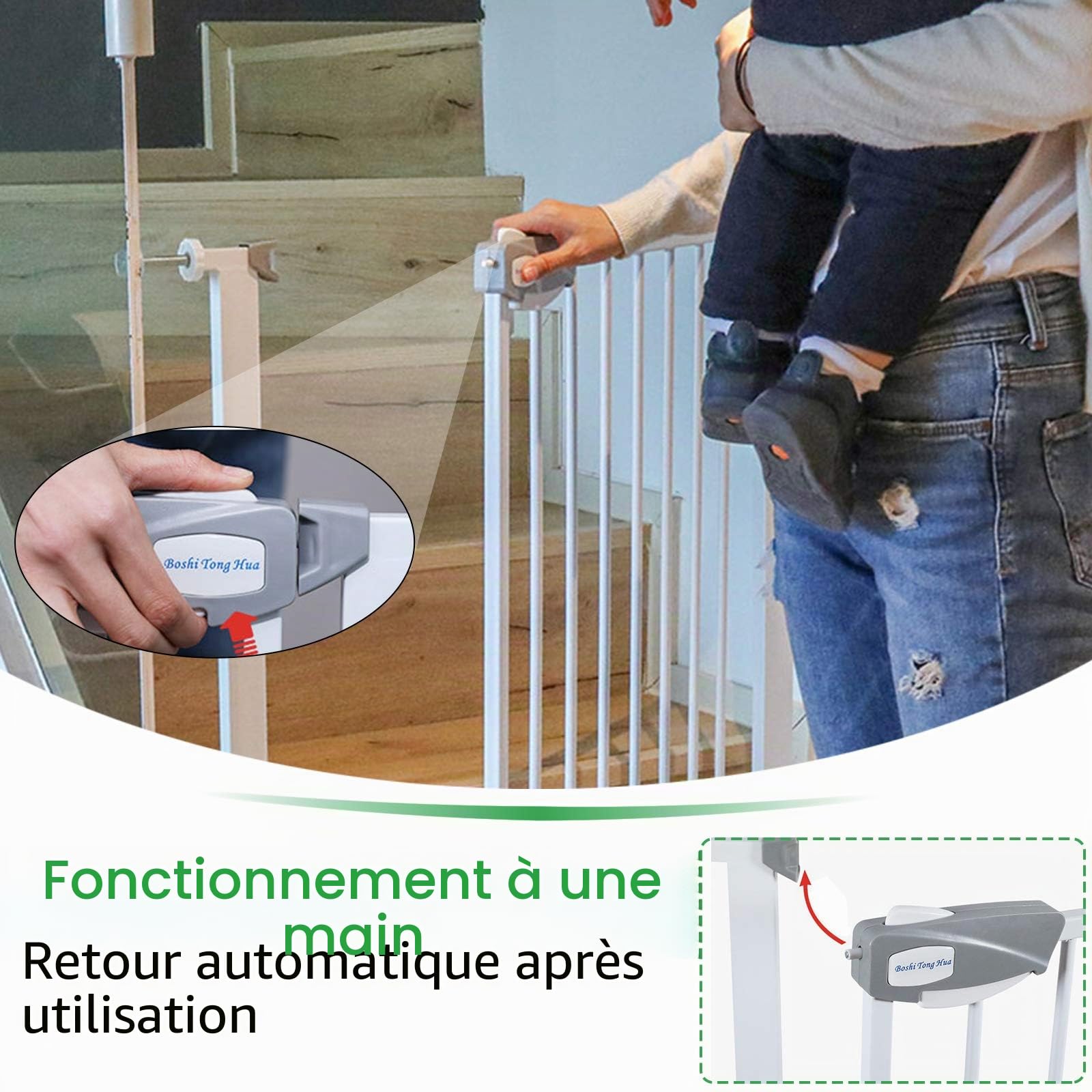 LZQ - Grille de protection pour escalier et porte - Double verrouillage - Barrière de sécurité, en métal, extra-sécurisée, à clipser - Blanche - 85 à 95 cm - Arrêt à 90° - Fermeture automatique