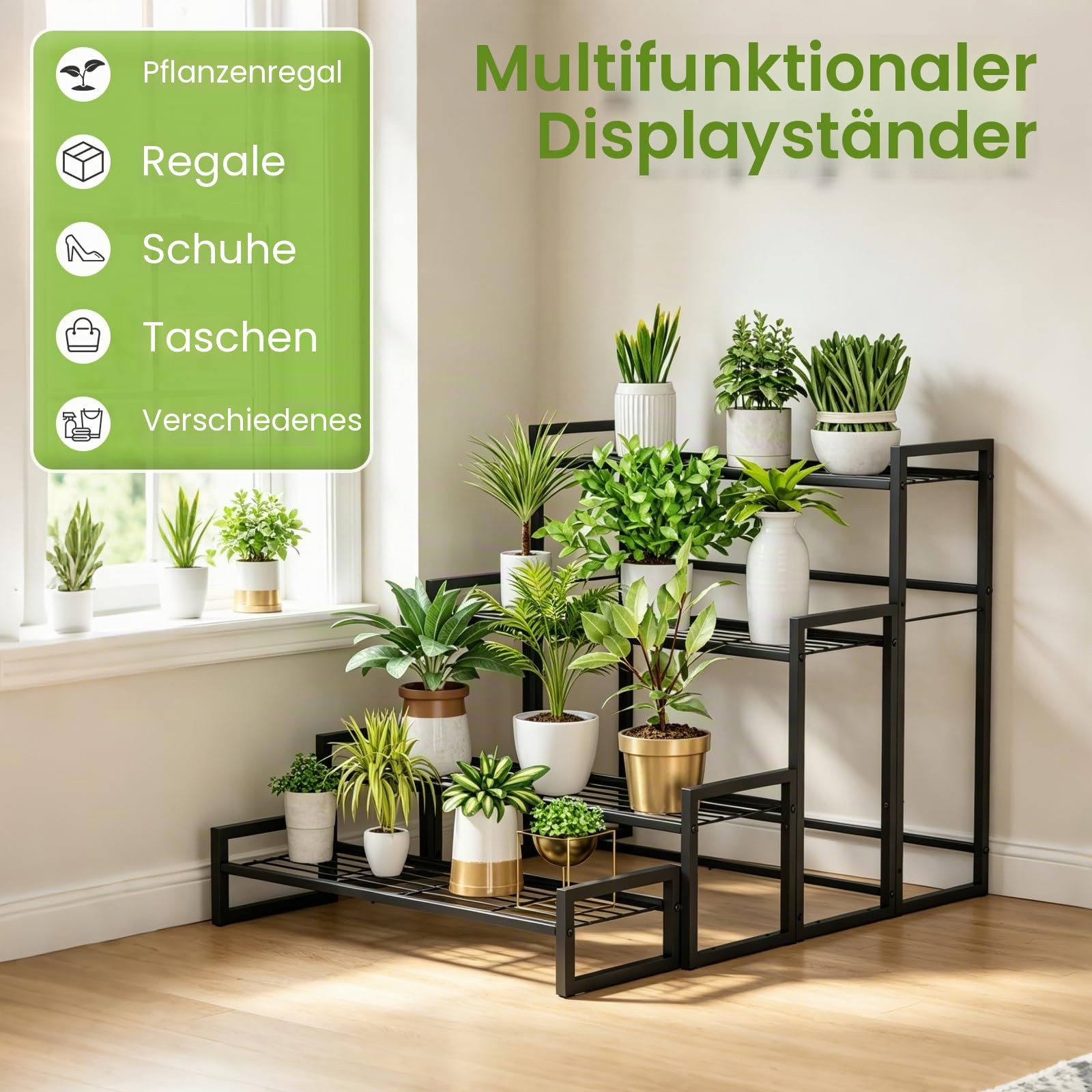 VyGrow Pflanzenständer, 4 Etagen, stapelbar, gestuft, Pflanzenständer, skalierbar, strapazierfähig, hoch, Pflanzenregal für drinnen und draußen, Garten, Ausstellungsregale, Blumentopfhalter, Schwarz