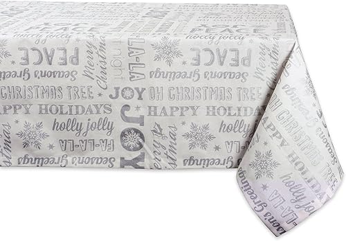 DII Decoración de cocina de lino de tela metálica para mesa de comedor, mantel de Navidad, 60 x 84 pulgadas, collage navideño plateado
