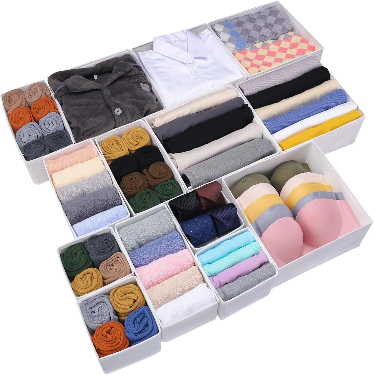 Foldable Dresser Drawer Organizers for Clothes, Underwear, Socks, Bras - Cloth Storage Box Divider Basket Bins, 14 Pack (White)