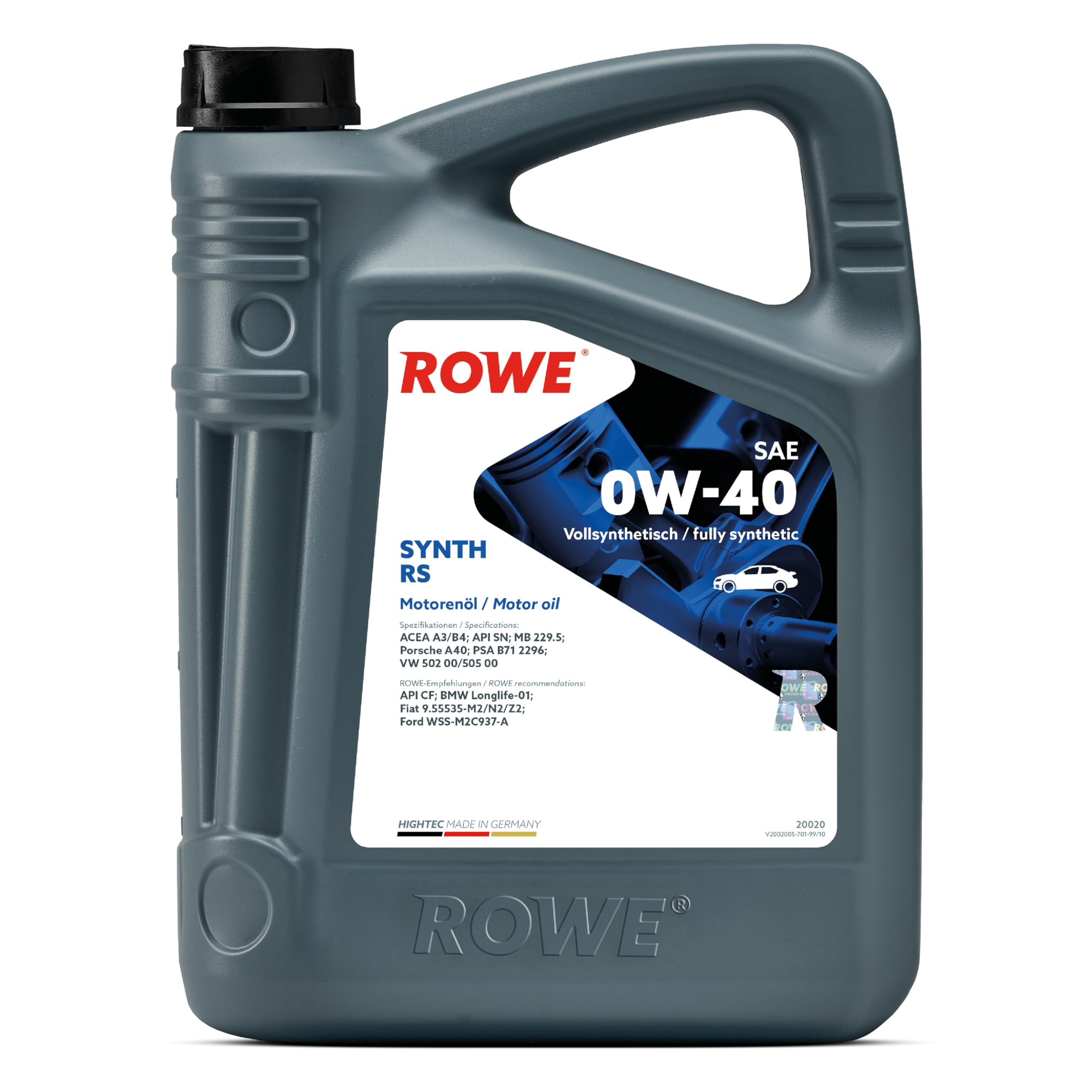 ROWE Aceite de motor 0W-40 HIGHTEC Aceite completamente sintético ACEA A3/B4 API SN SYNTH RS 5L Compatible con VW Polo V Hatchback 6R1, 6C1 up! Hatchback 121, 122, BL1, BL2, BL3, 123, PEUGEOT, SKODA