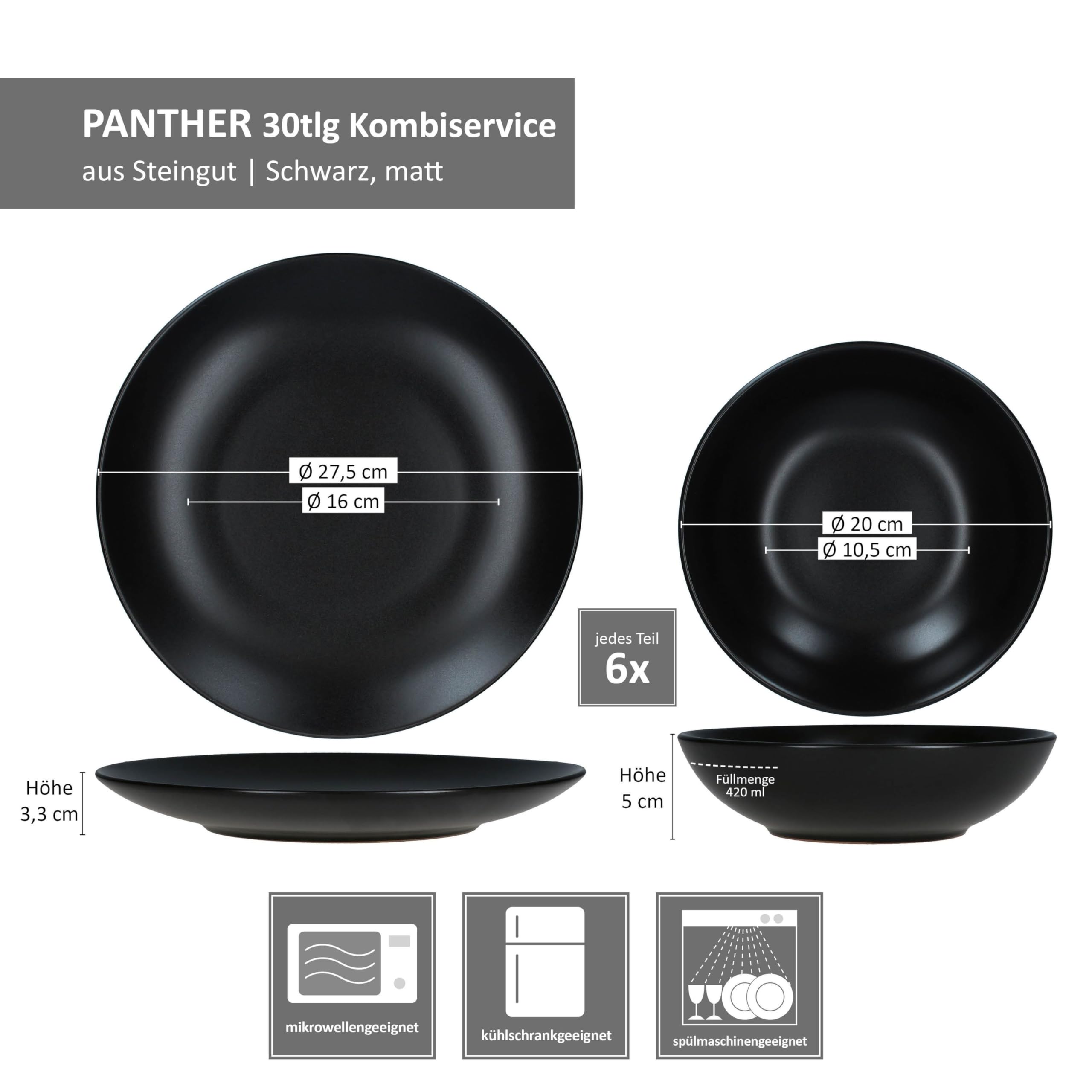 MamboCat Panther 30tlg Kombiservice I matt schwarzes Steingut-Geschirrset für 6 Personen I Je 6x Kaffeetassen 160ml, Untertassen, Kuchenteller, Suppenteller 420ml & Speiseteller