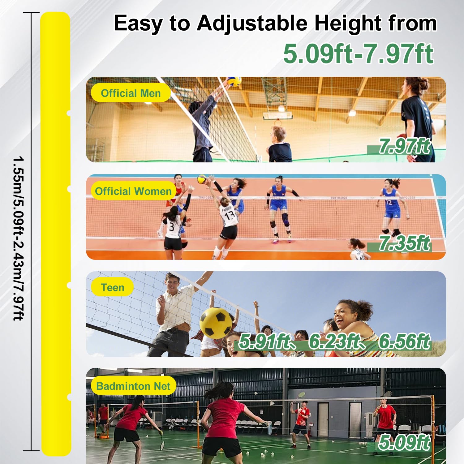 Volleyball Pole,Badminton Net Pole with Adjustable Height,Ground Inserted Steel Volleyball Pole Set with Embedded Part,for Indoor Gym or Outdoor Park School Use