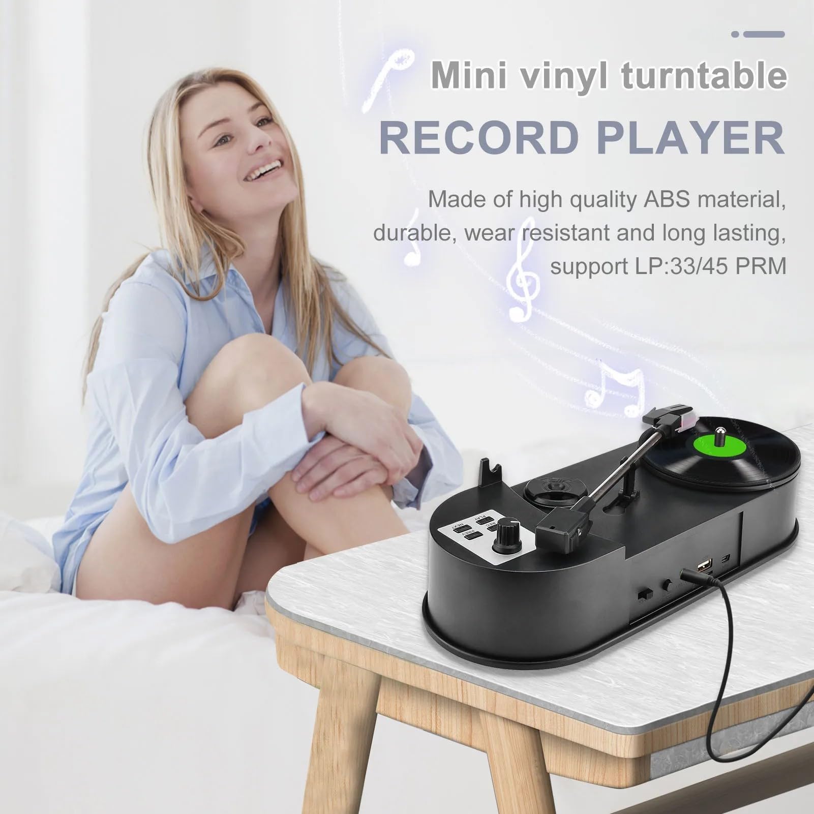 Mini giradischi con conversione MP3, slot per schede SD integrato per trasferimento da vinile a digitale 33/45 PRM, colore: nero (34 x 17 x 12 cm)