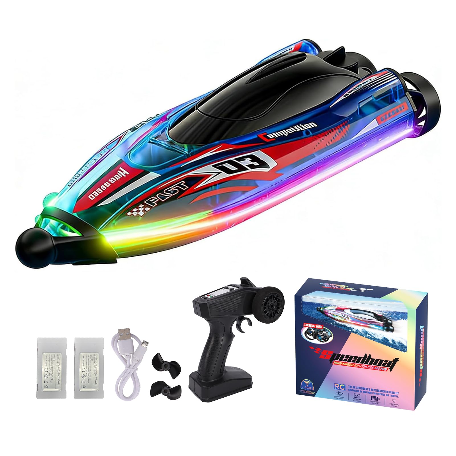 Barca radiocomandata senza spazzole, ad alta velocità, per giochi d'acqua sul lago, doppio motore, rotazione a 360°, luci colorate, autoserrante (blu)