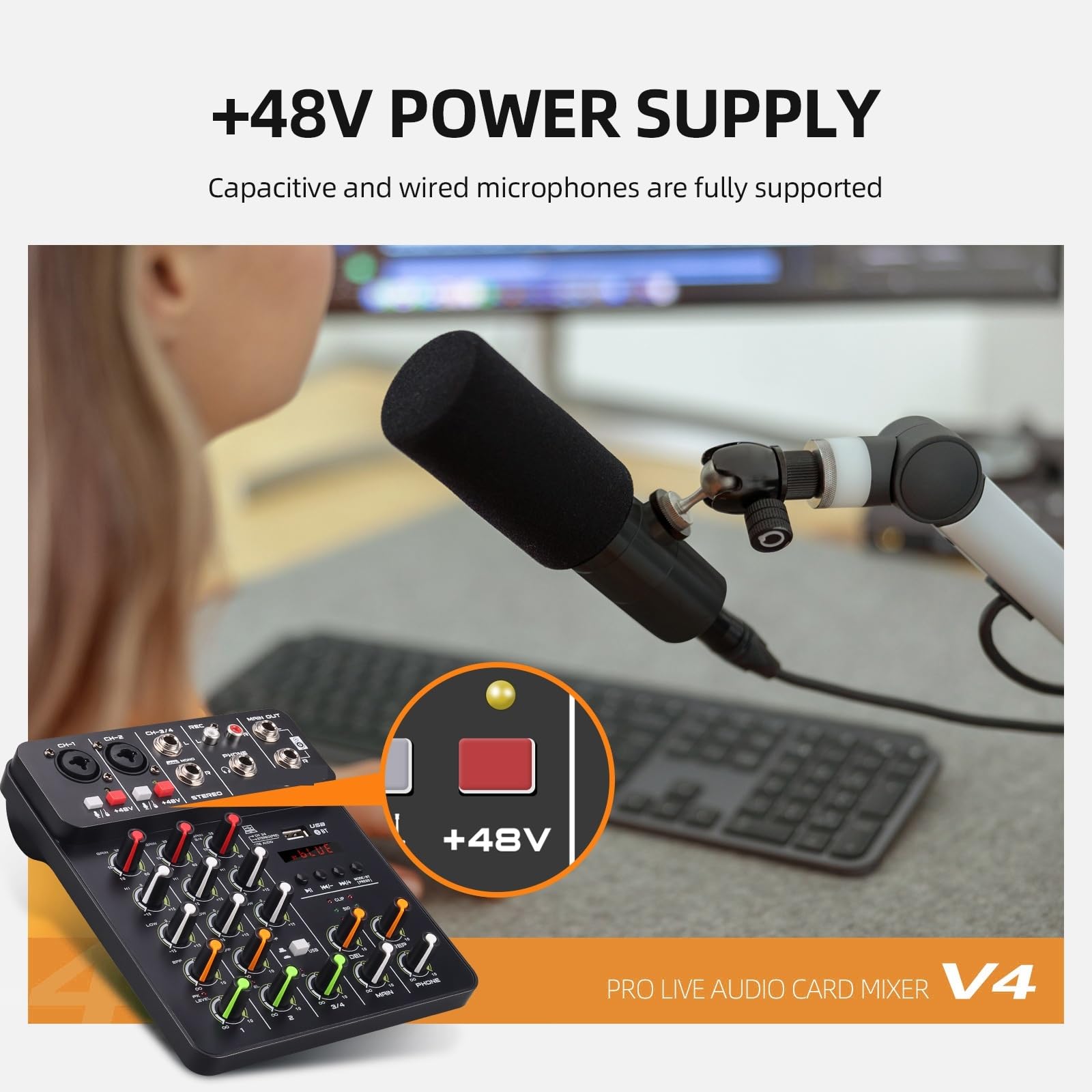 Mixer audio, V4 Mixer a 4 canali con Bluetooth USB 48V Alimentazione Phantom Effetti di riproduzione ritardata for console missaggio
