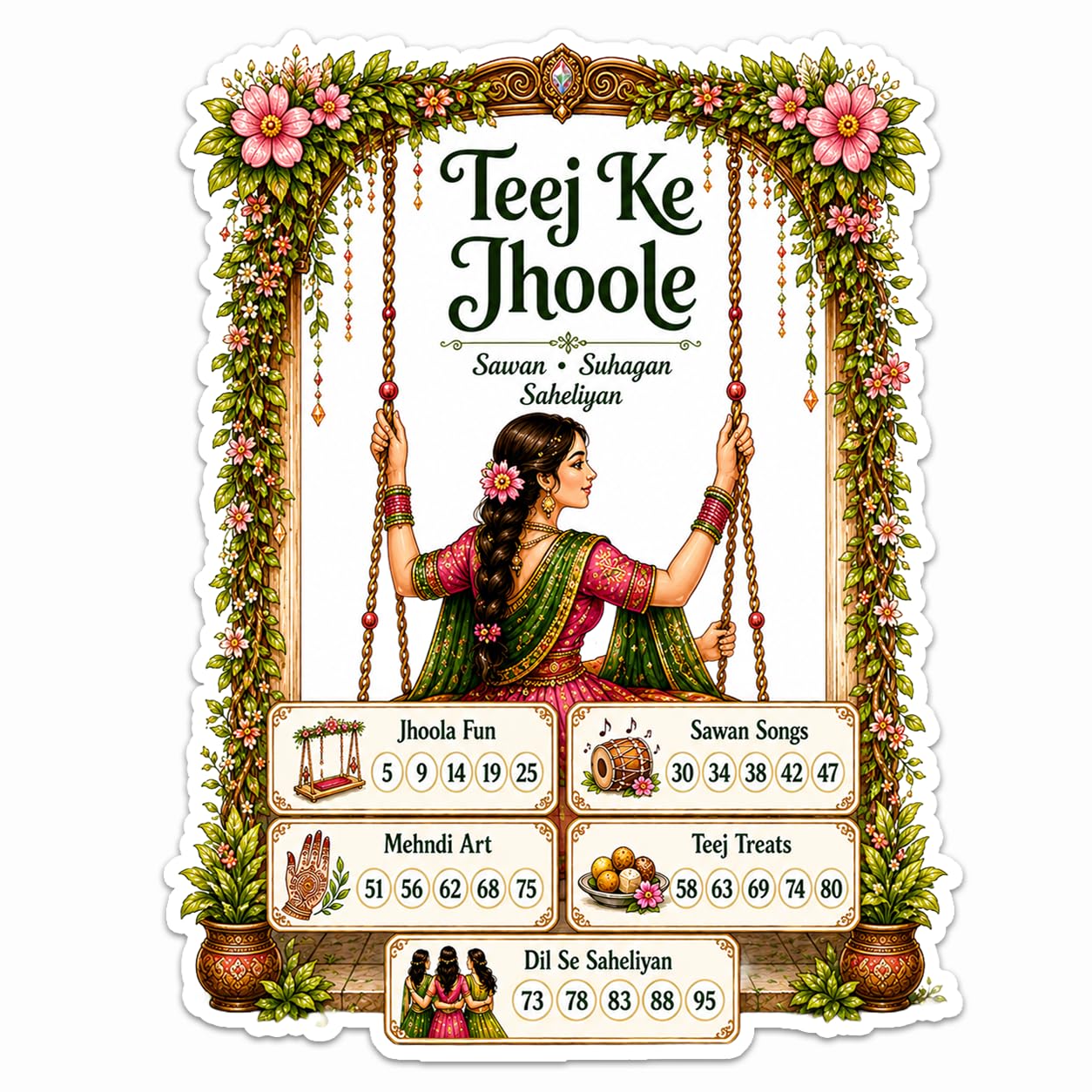 Teej Theme Tambola Tickets - Teej Ke Jhoole Theme | English | Bingo Housie Game Cards for Kitty Party, Friends & Family Gatherings (Set of 15 Tickets)-image-28