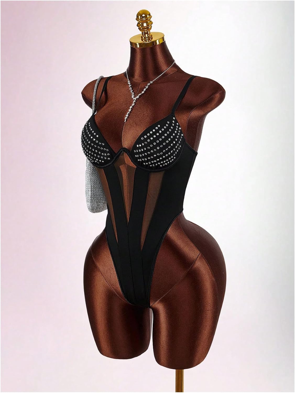 SweatyRocks Women's Rhinestone Mesh Spaghetti Strap Corset Thong Bodysuit One Piece Leotard Going Out Tops