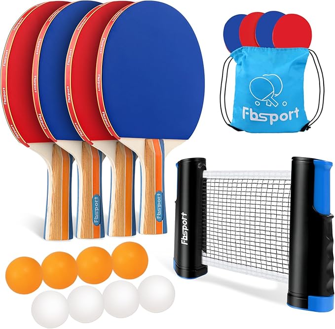 FBSPORT Ping Pong Paddle Set, Table Tennis Set with 4 Rackets and 8 Balls, Retractable Net with Storage Bag - Pingpong Paddle Accessories for Indoor/Outdoor Games